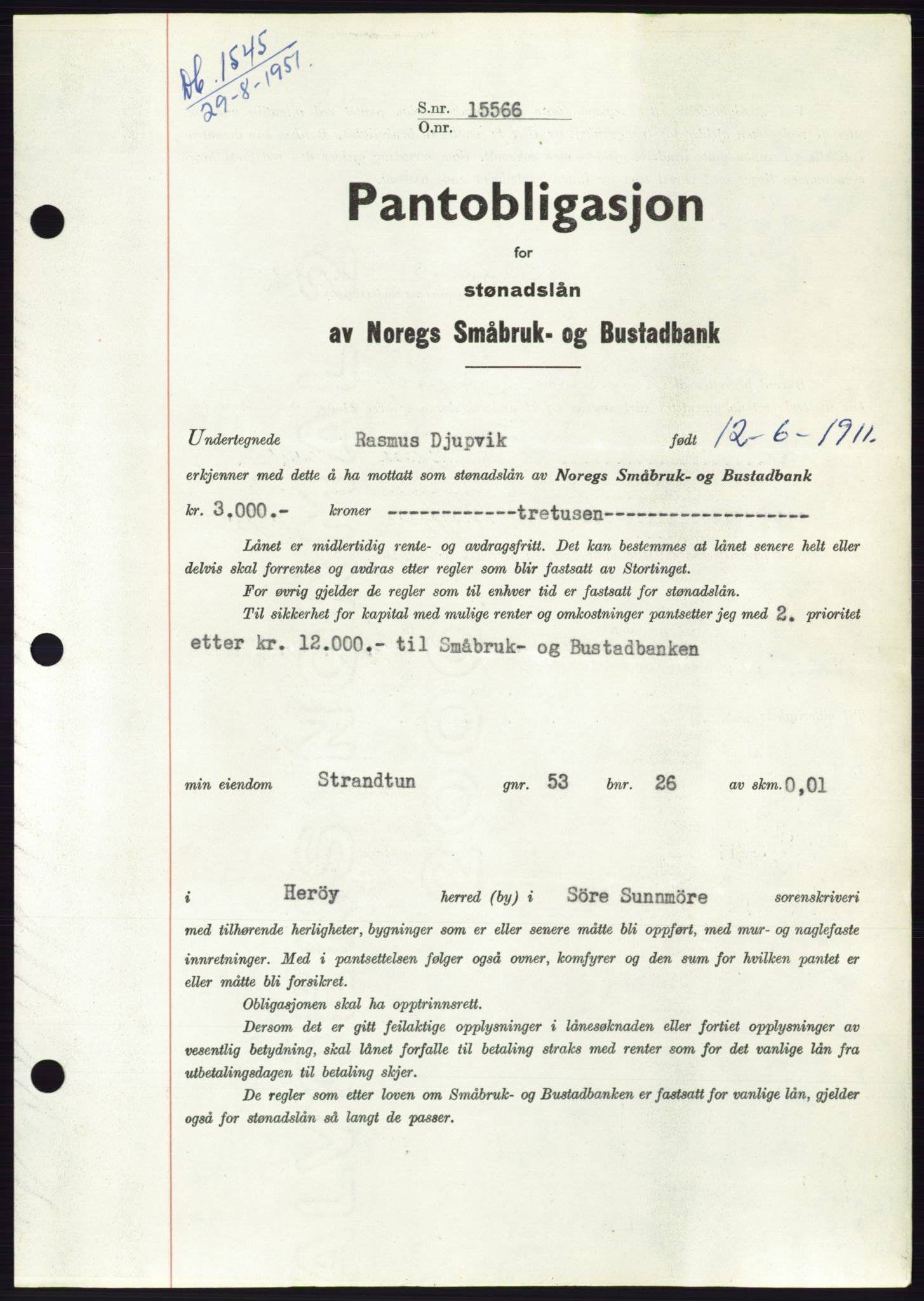 Søre Sunnmøre sorenskriveri, SAT/A-4122/1/2/2C/L0120: Pantebok nr. 8B, 1951-1951, Dagboknr: 1545/1951