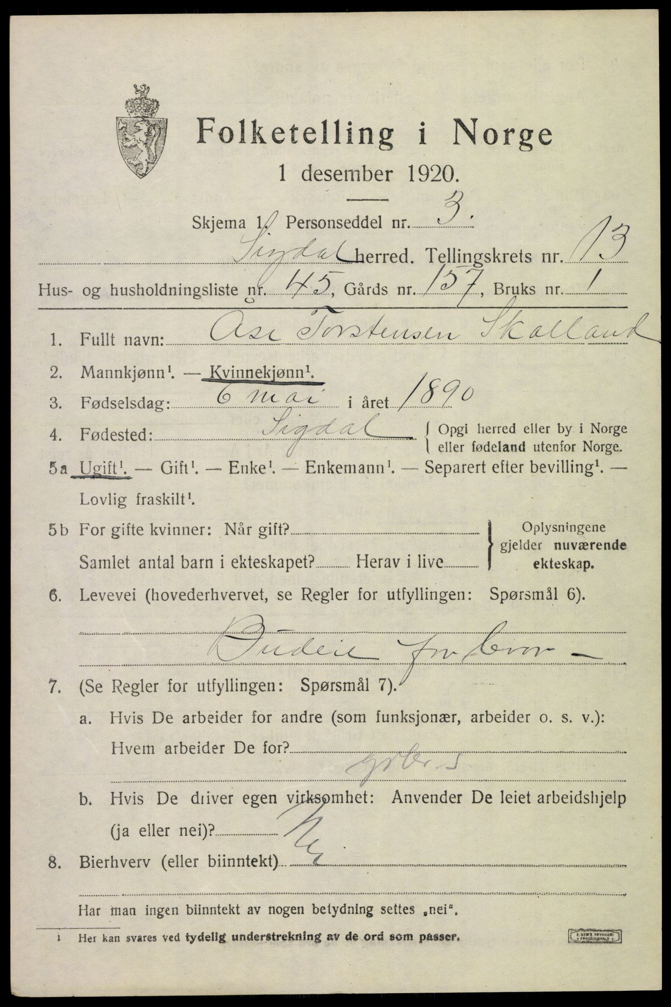 SAKO, Folketelling 1920 for 0621 Sigdal herred, 1920, s. 8506