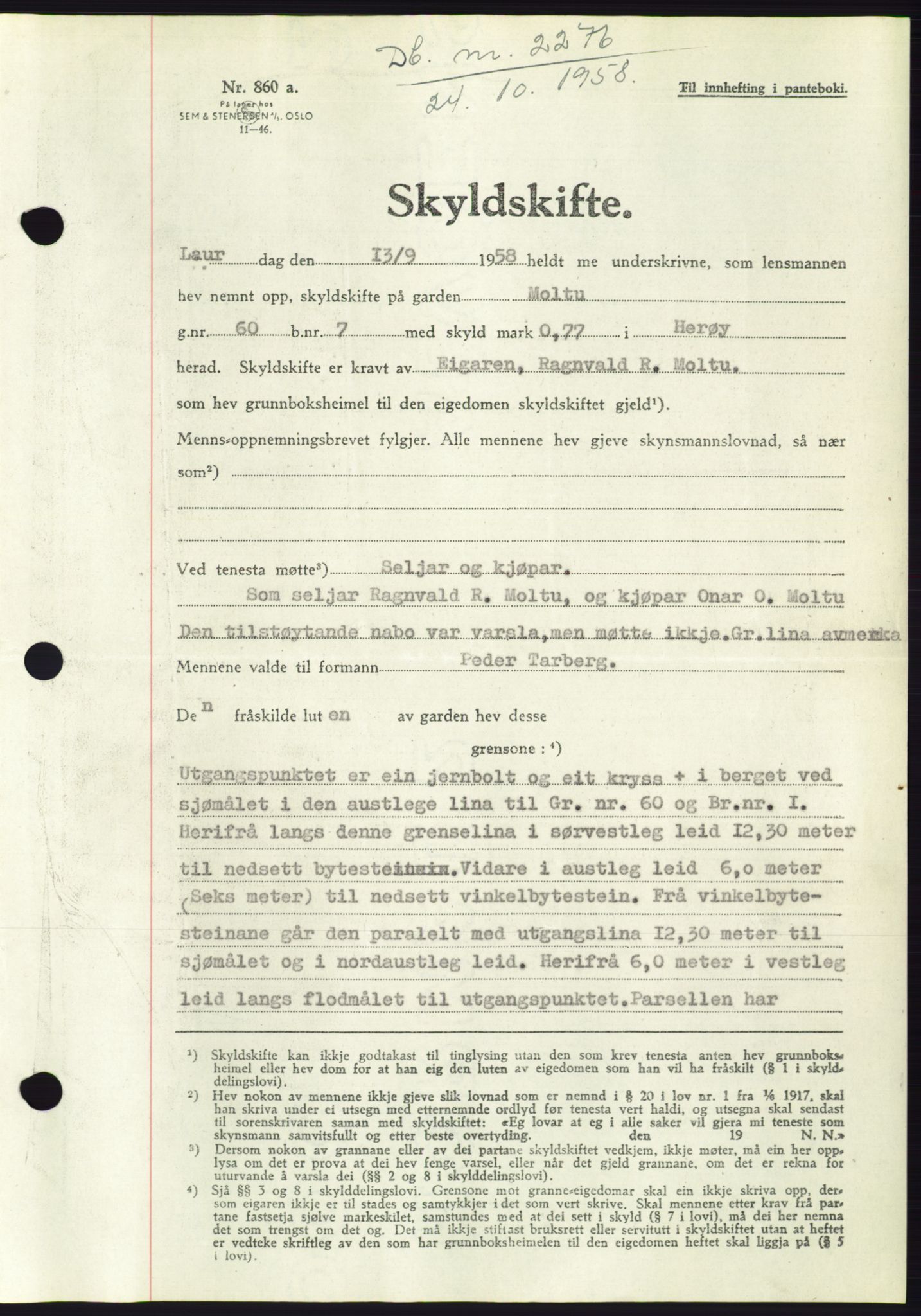 Søre Sunnmøre sorenskriveri, AV/SAT-A-4122/1/2/2C/L0110: Pantebok nr. 36A, 1958-1958, Dagboknr: 2276/1958