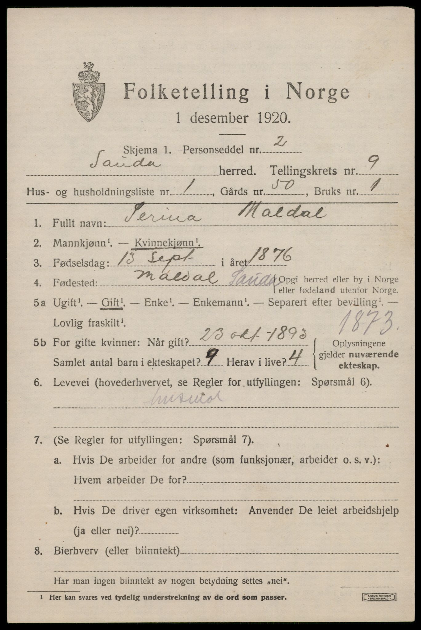 SAST, Folketelling 1920 for 1135 Sauda herred, 1920, s. 5276