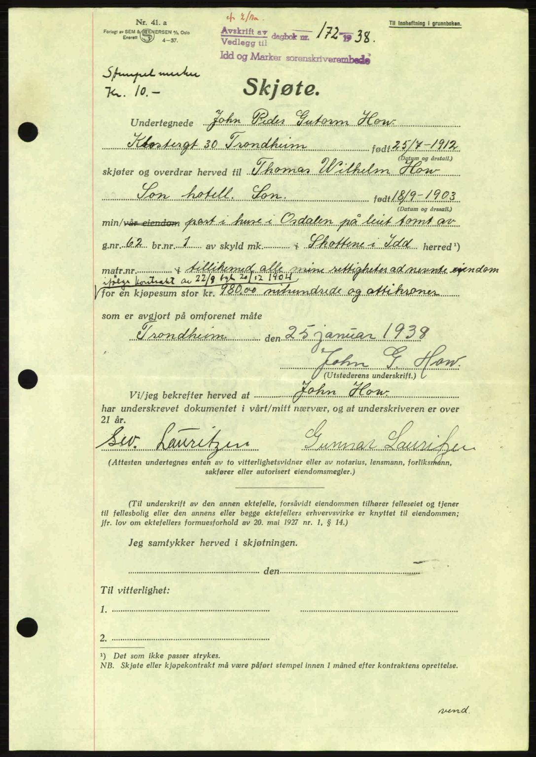Idd og Marker sorenskriveri, AV/SAO-A-10283/G/Gb/Gbb/L0002: Pantebok nr. A2, 1937-1938, Dagboknr: 172/1938
