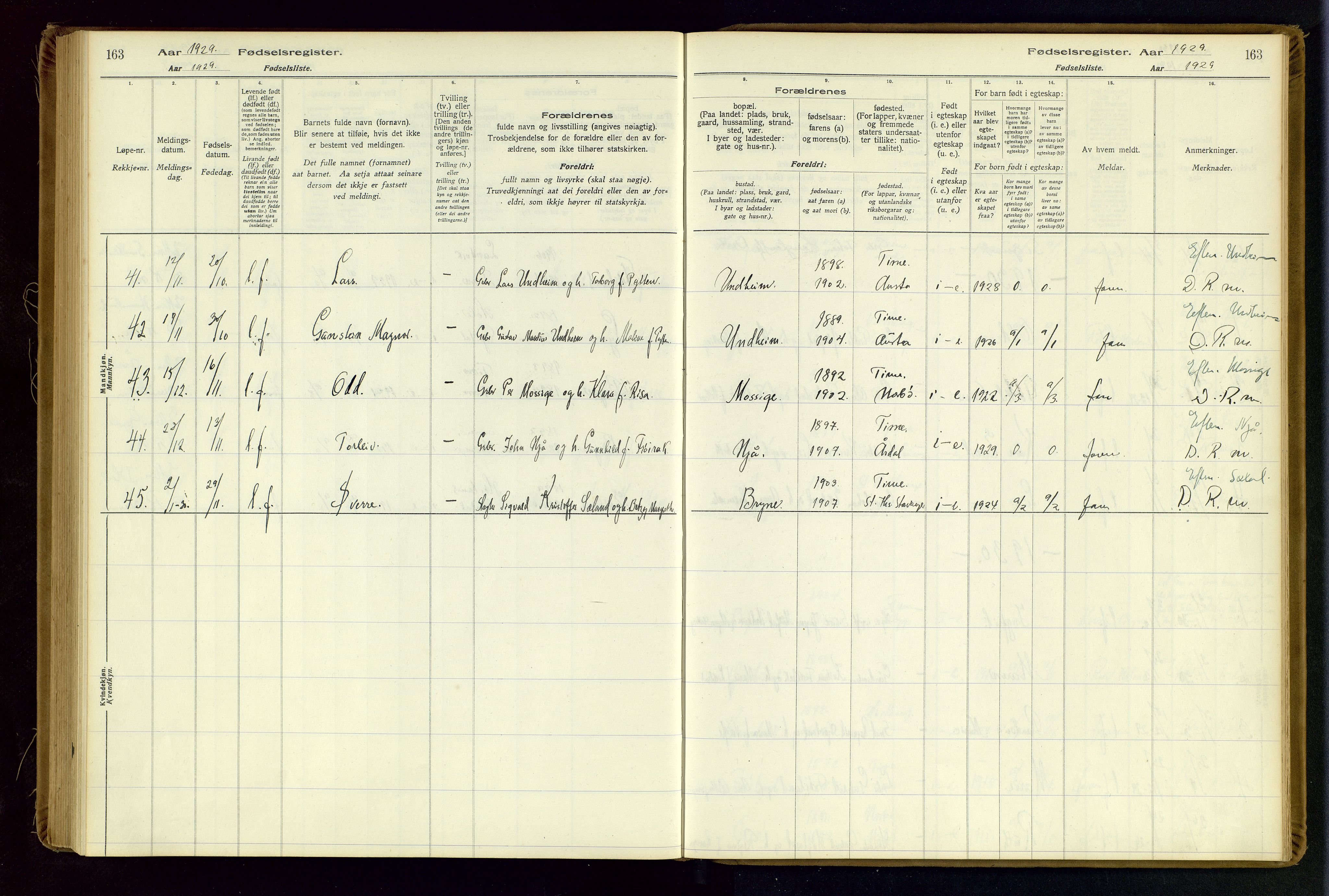 Time sokneprestkontor, AV/SAST-A-101795/001/704BA/L0001: Fødselsregister nr. 1, 1916-1934, s. 163