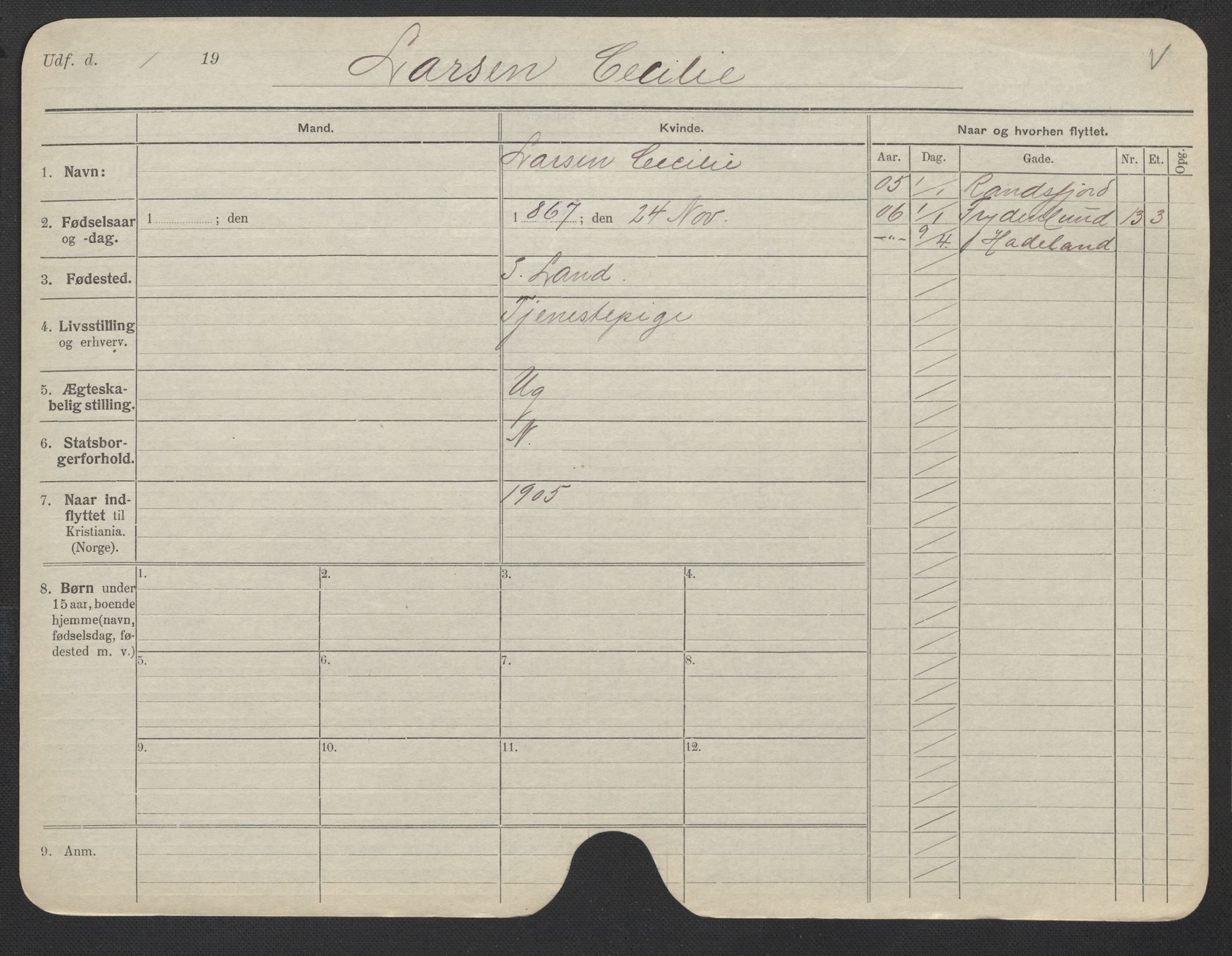 Oslo folkeregister, Registerkort, AV/SAO-A-11715/F/Fa/Fac/L0019: Kvinner, 1906-1914, s. 845a