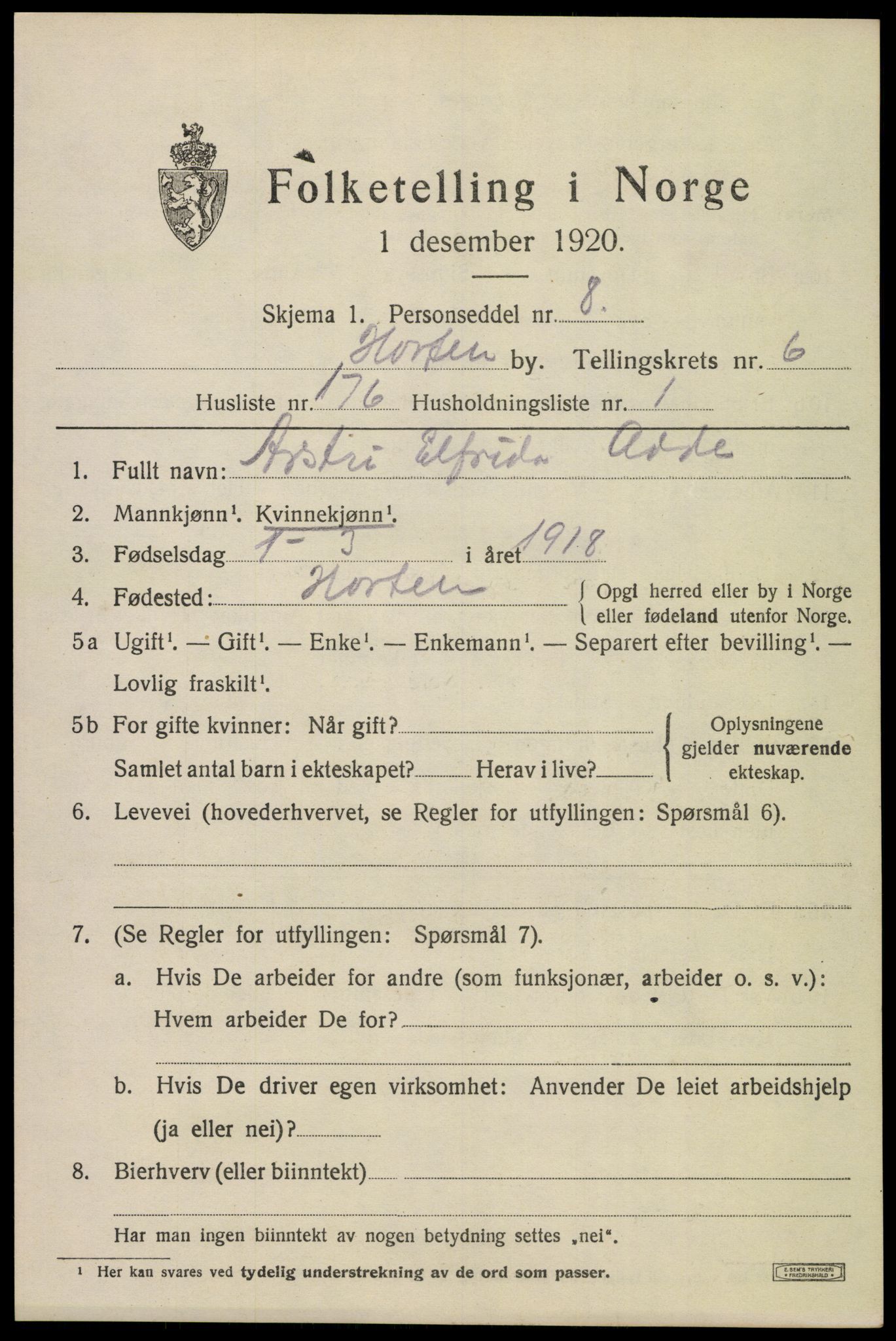 SAKO, Folketelling 1920 for 0703 Horten kjøpstad, 1920, s. 25407