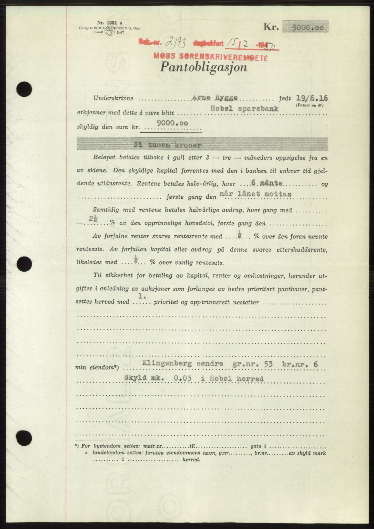 Moss sorenskriveri, AV/SAO-A-10168: Pantebok nr. B24, 1950-1950, Dagboknr: 2193/1950