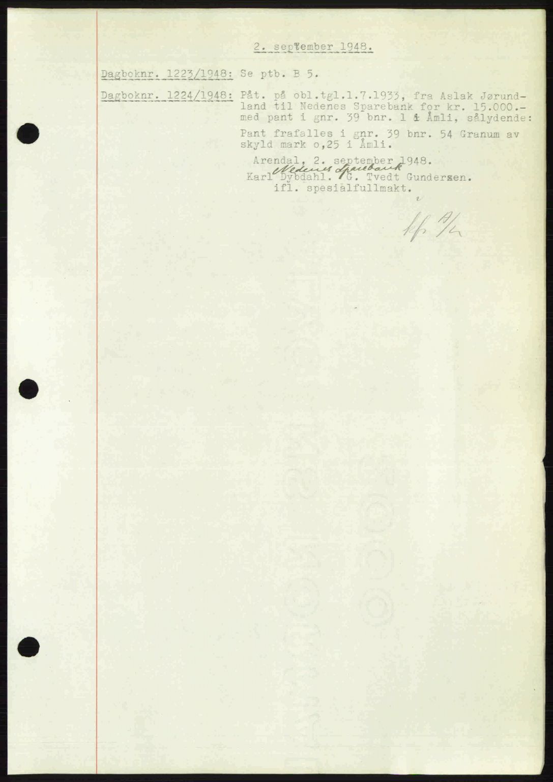 Nedenes sorenskriveri, AV/SAK-1221-0006/G/Gb/Gba/L0059: Pantebok nr. A11, 1948-1948, Dagboknr: 1223/1948
