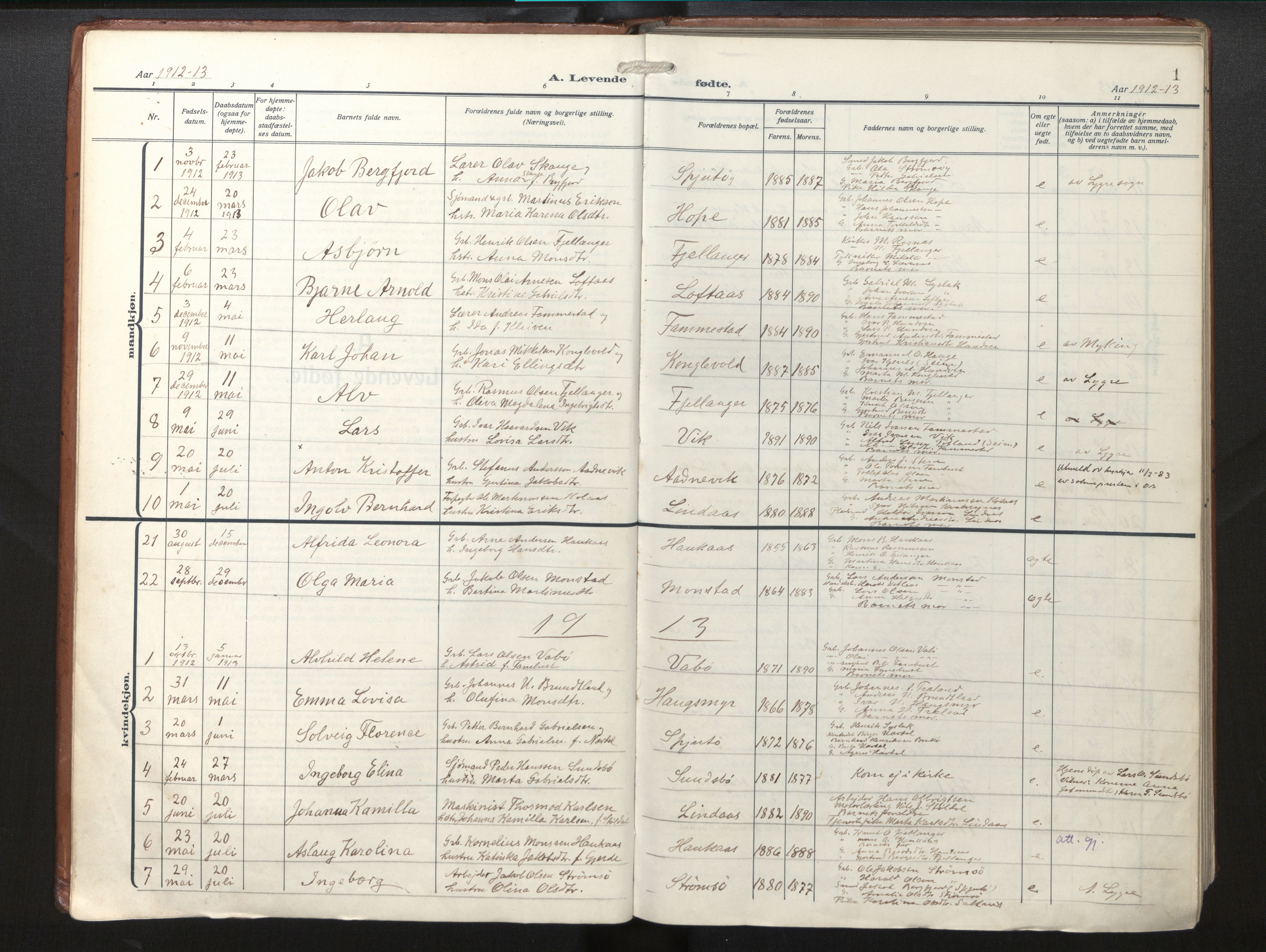 Lindås Sokneprestembete, AV/SAB-A-76701/H/Haa/Haab/L0003: Ministerialbok nr. B 3, 1912-1929, s. 1