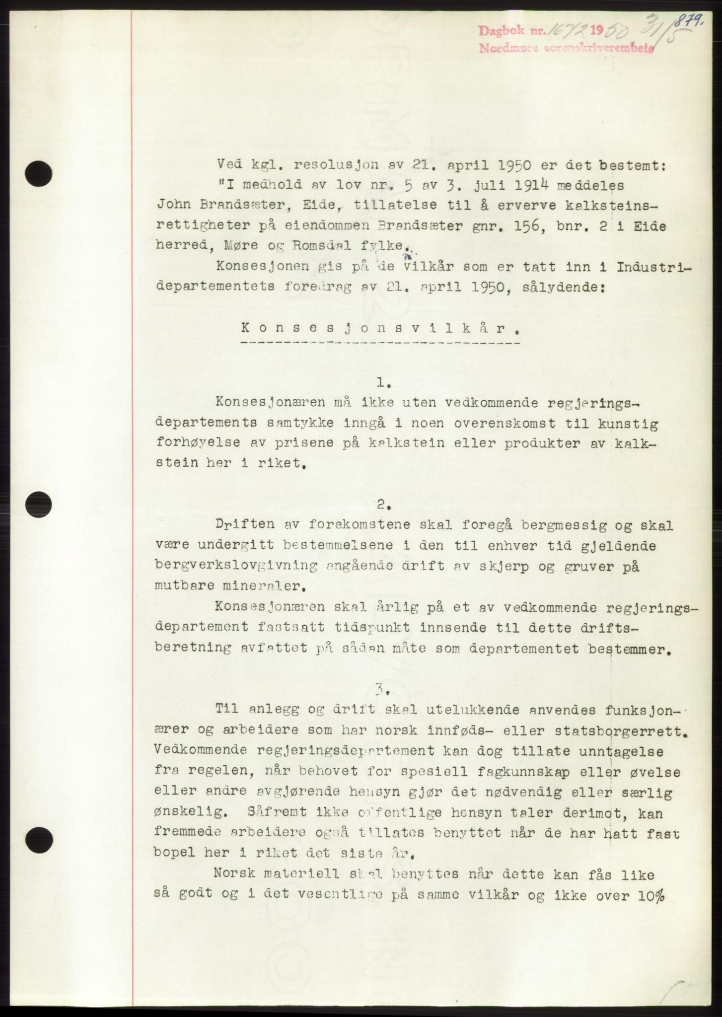 Nordmøre sorenskriveri, SAT/A-4132/1/2/2Ca: Pantebok nr. B104, 1950-1950, Dagboknr: 1672/1950