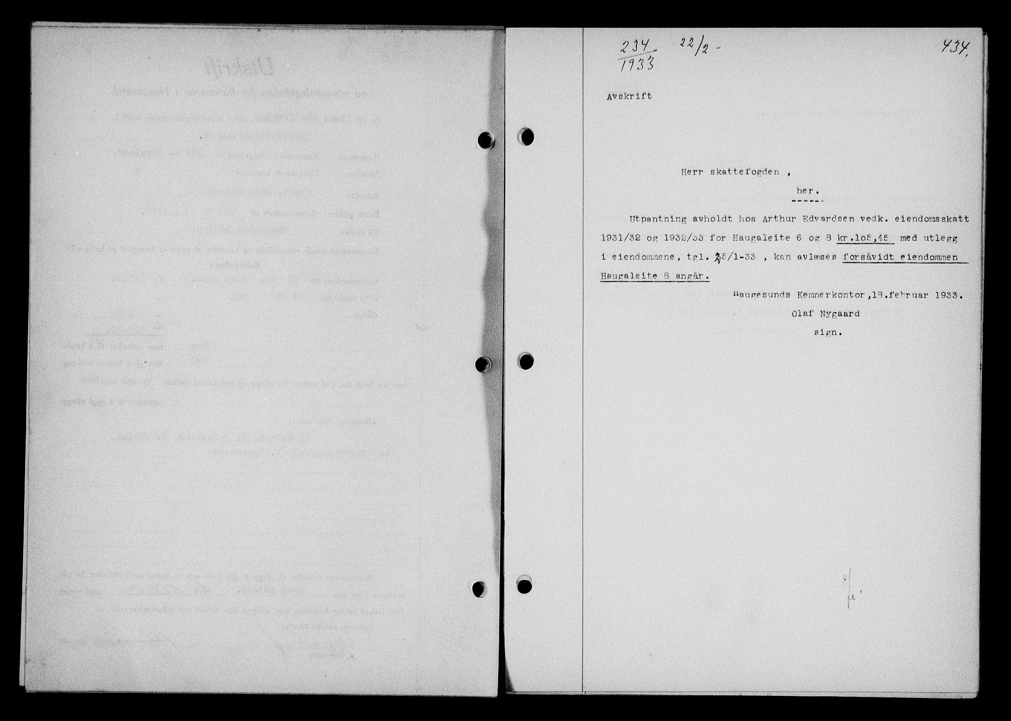 Haugesund tingrett, SAST/A-101415/01/II/IIC/L0025: Pantebok nr. 25, 1932-1933, Tingl.dato: 22.02.1933