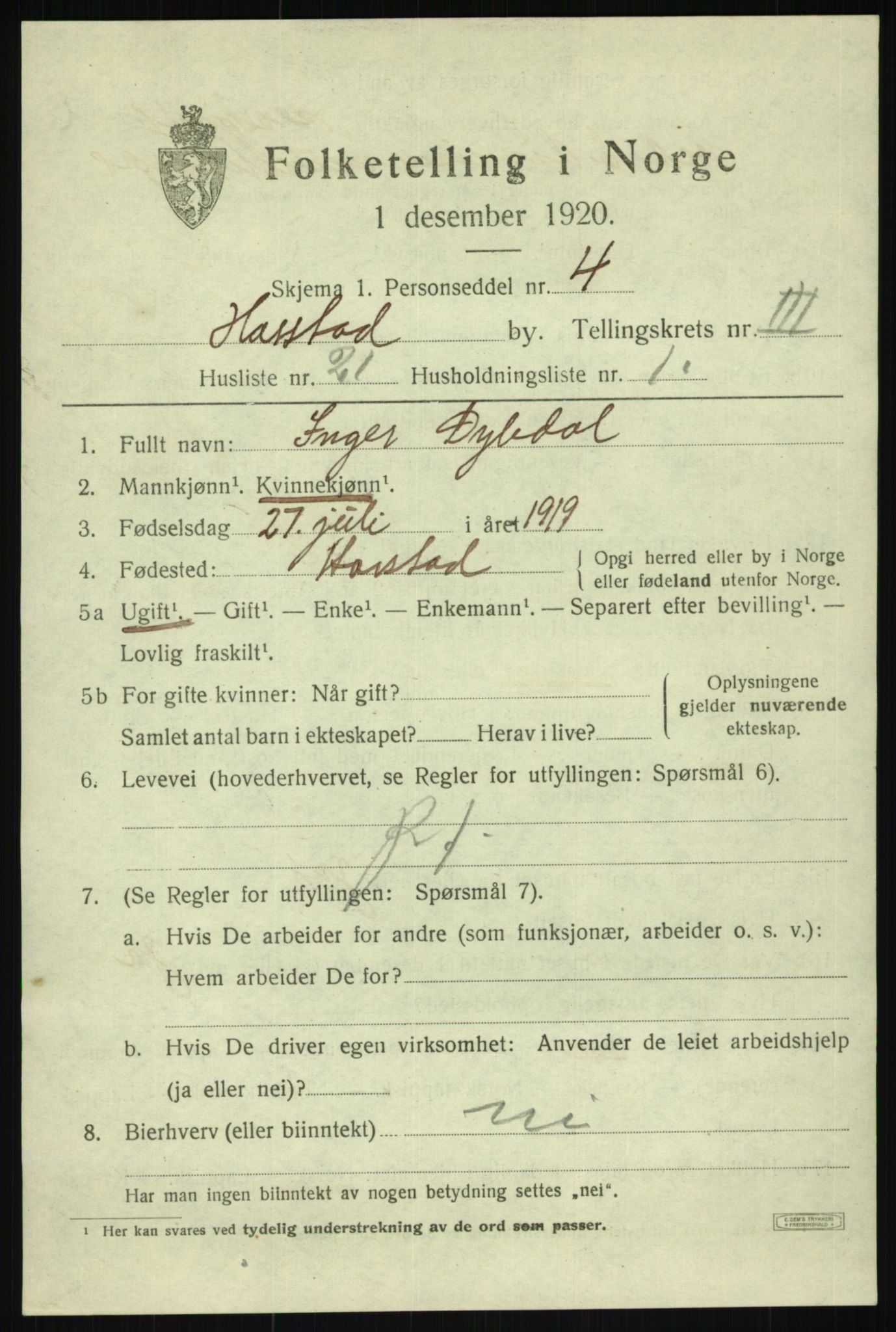 SATØ, Folketelling 1920 for 1901 Harstad ladested, 1920, s. 4516