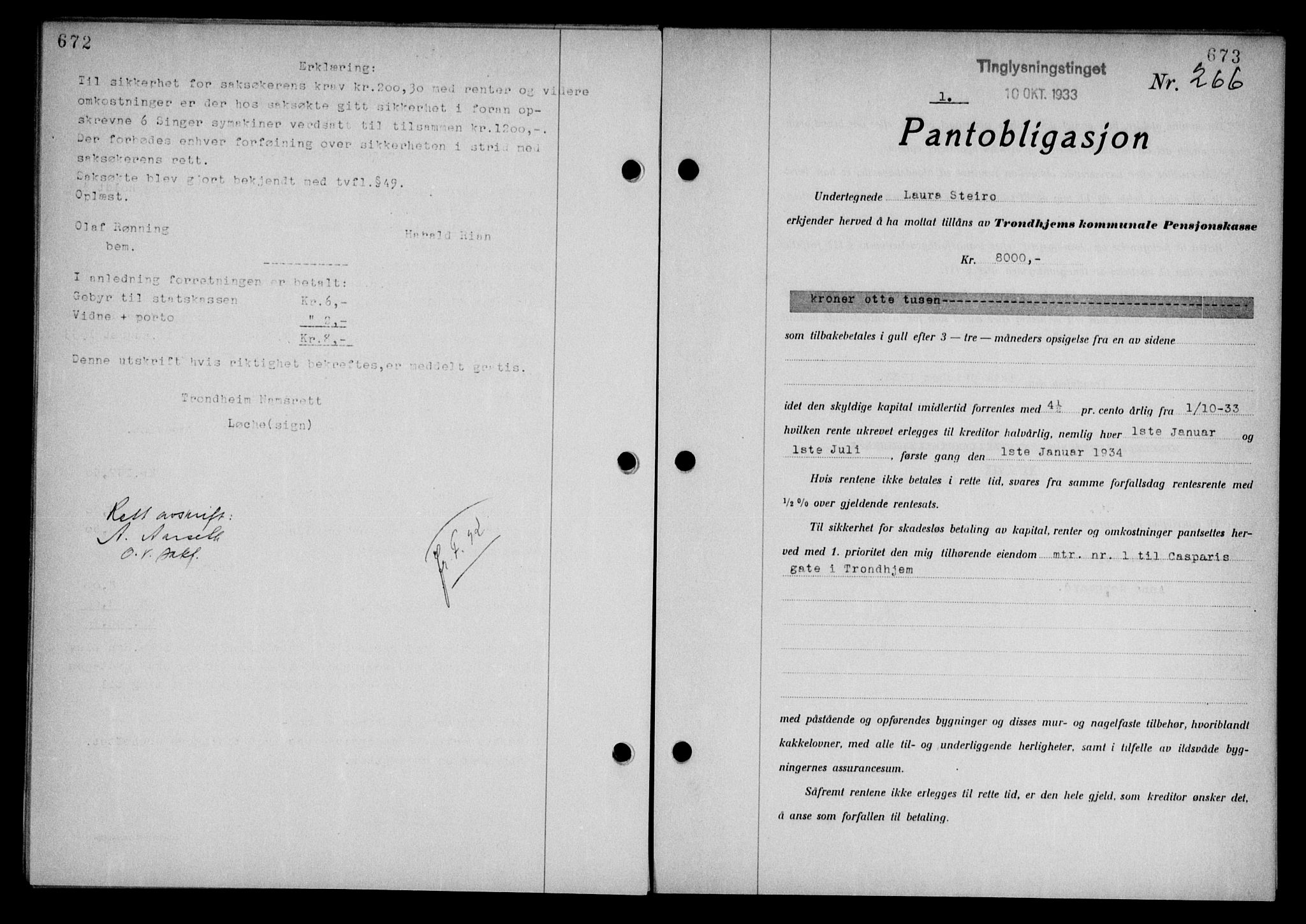 Trondheim byfogd, SAT/A-0003/1/2/2C/L0090: Pantebok nr. 100, 1933-1933, Tingl.dato: 10.10.1933