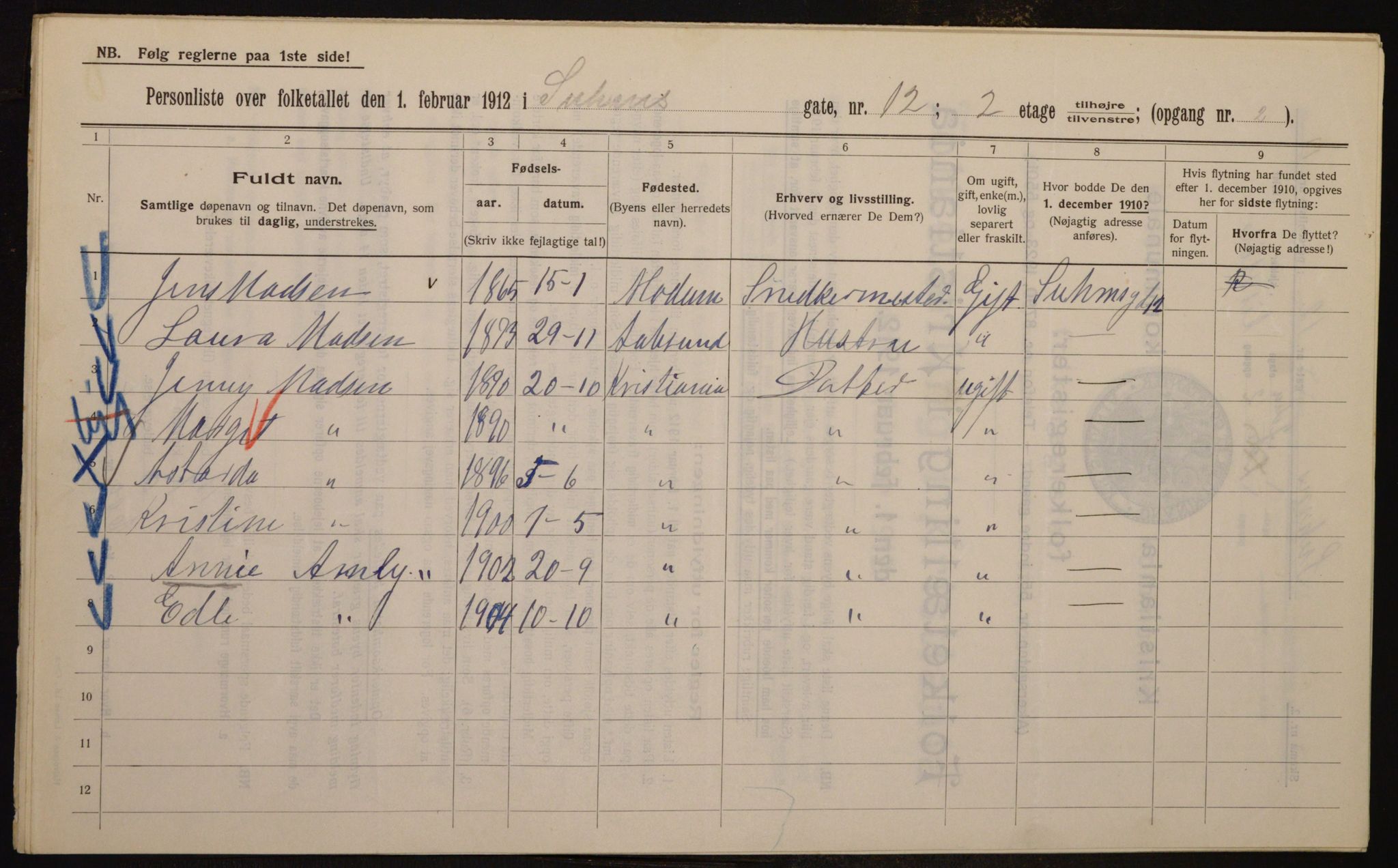 OBA, Kommunal folketelling 1.2.1912 for Kristiania, 1912, s. 104631