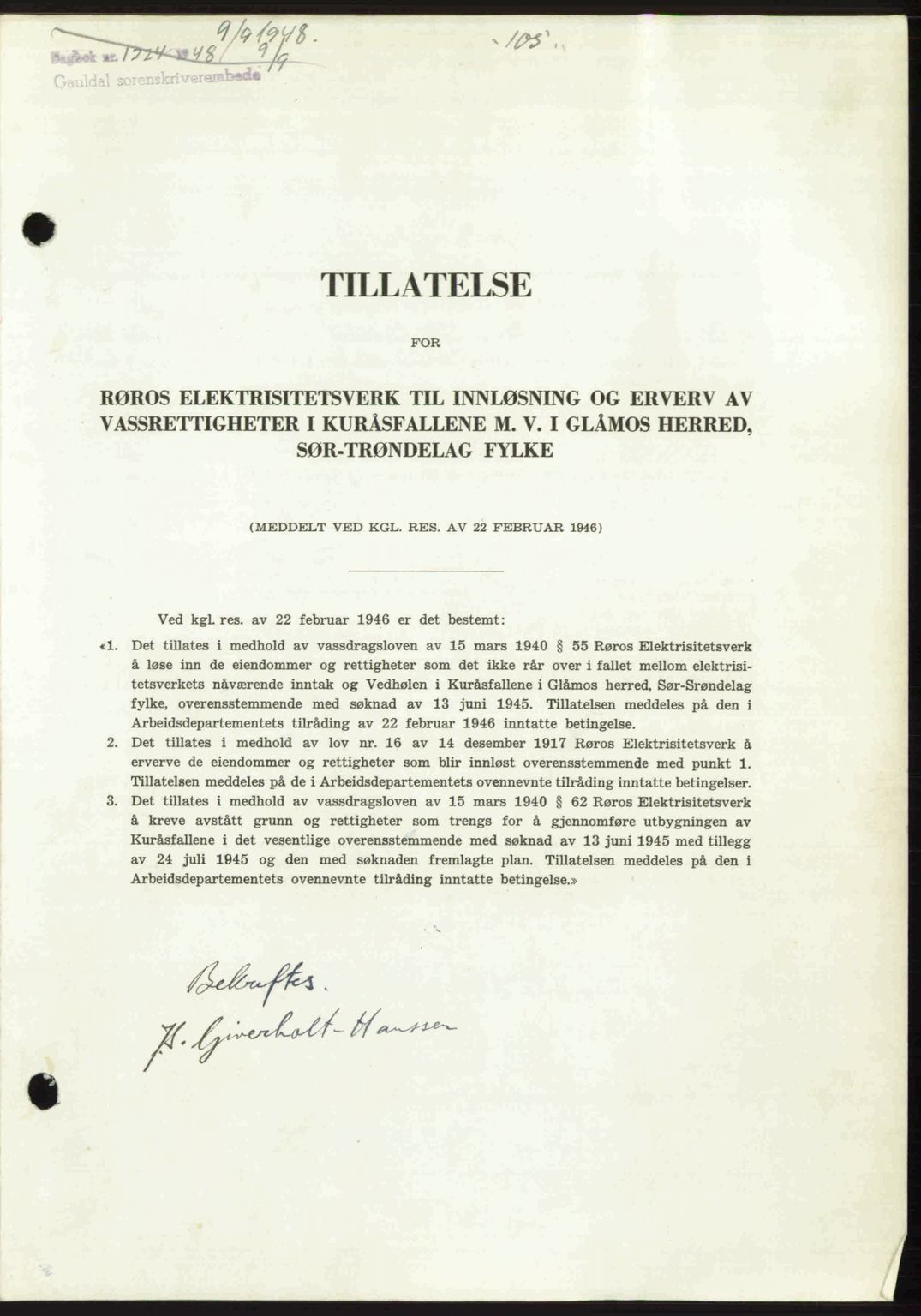 Gauldal sorenskriveri, SAT/A-0014/1/2/2C: Pantebok nr. A6, 1948-1948, Dagboknr: 1224/1948