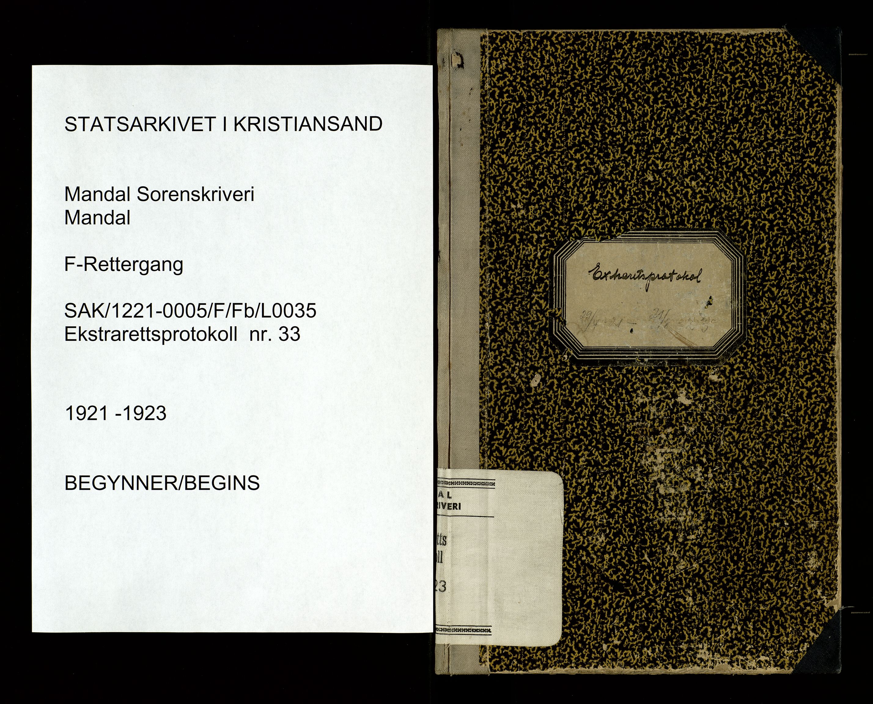 Mandal sorenskriveri, SAK/1221-0005/001/F/Fb/L0035: Ekstrarettsprotokoll nr 33, 1921-1923