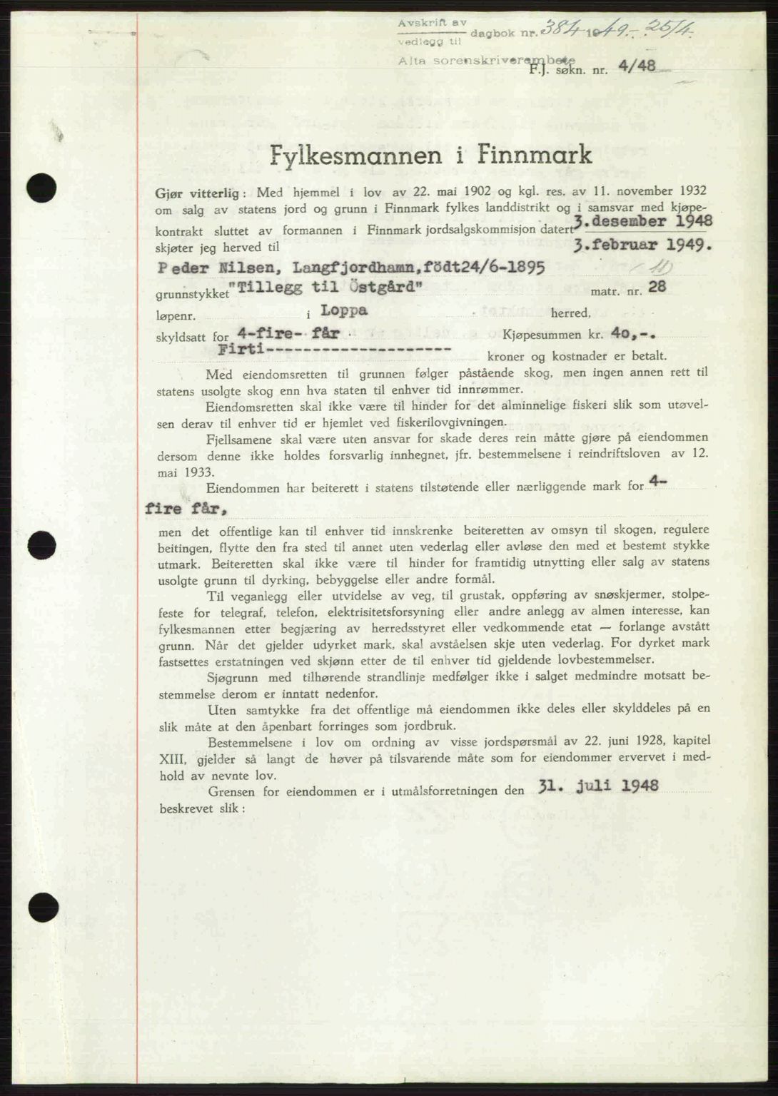 Alta fogderi/sorenskriveri, SATØ/SATØ-5/1/K/Kd/L0037pantebok: Pantebok nr. 39-40, 1948-1949, Dagboknr: 384/1949