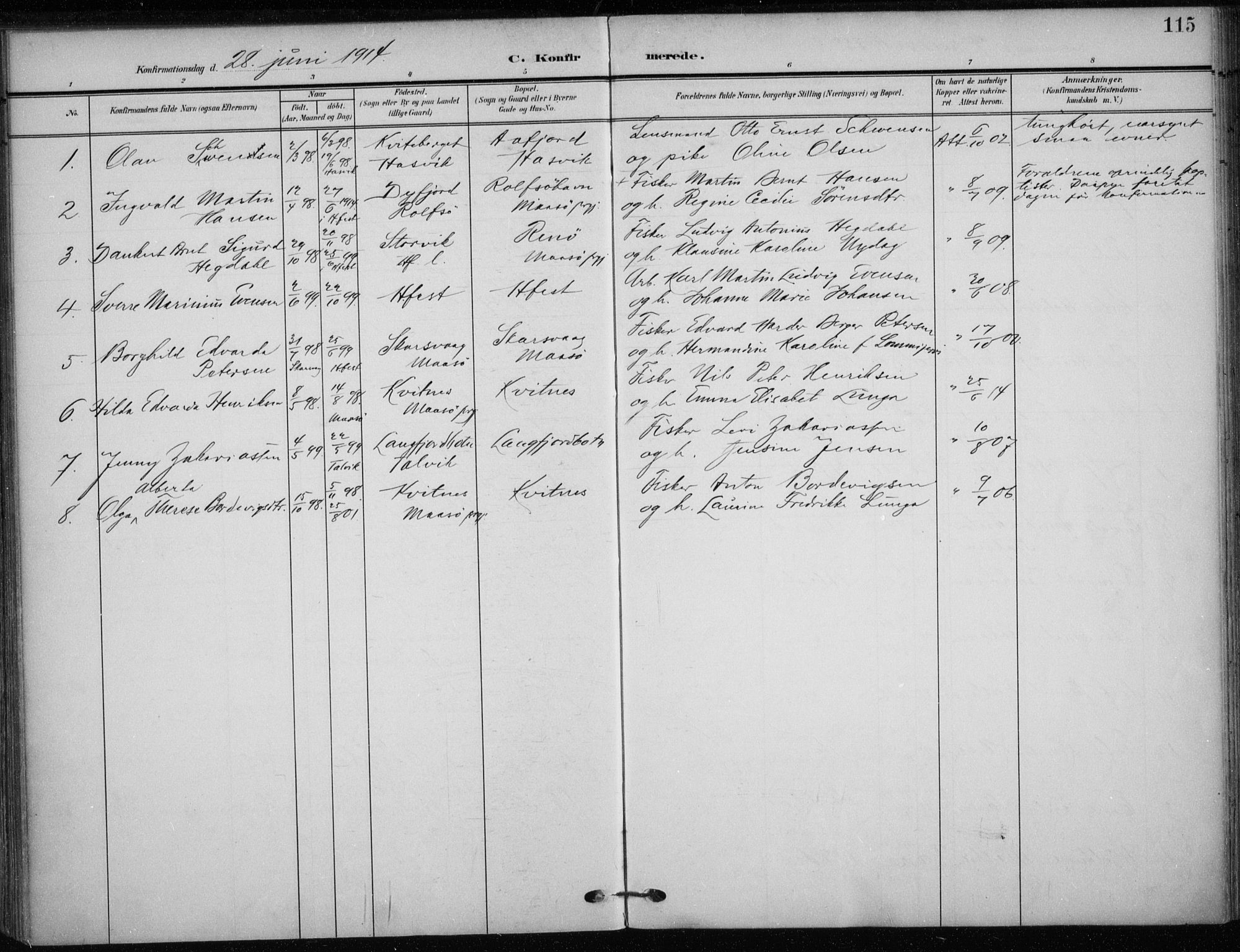 Hammerfest sokneprestkontor, AV/SATØ-S-1347/H/Ha/L0014.kirke: Ministerialbok nr. 14, 1906-1916, s. 115