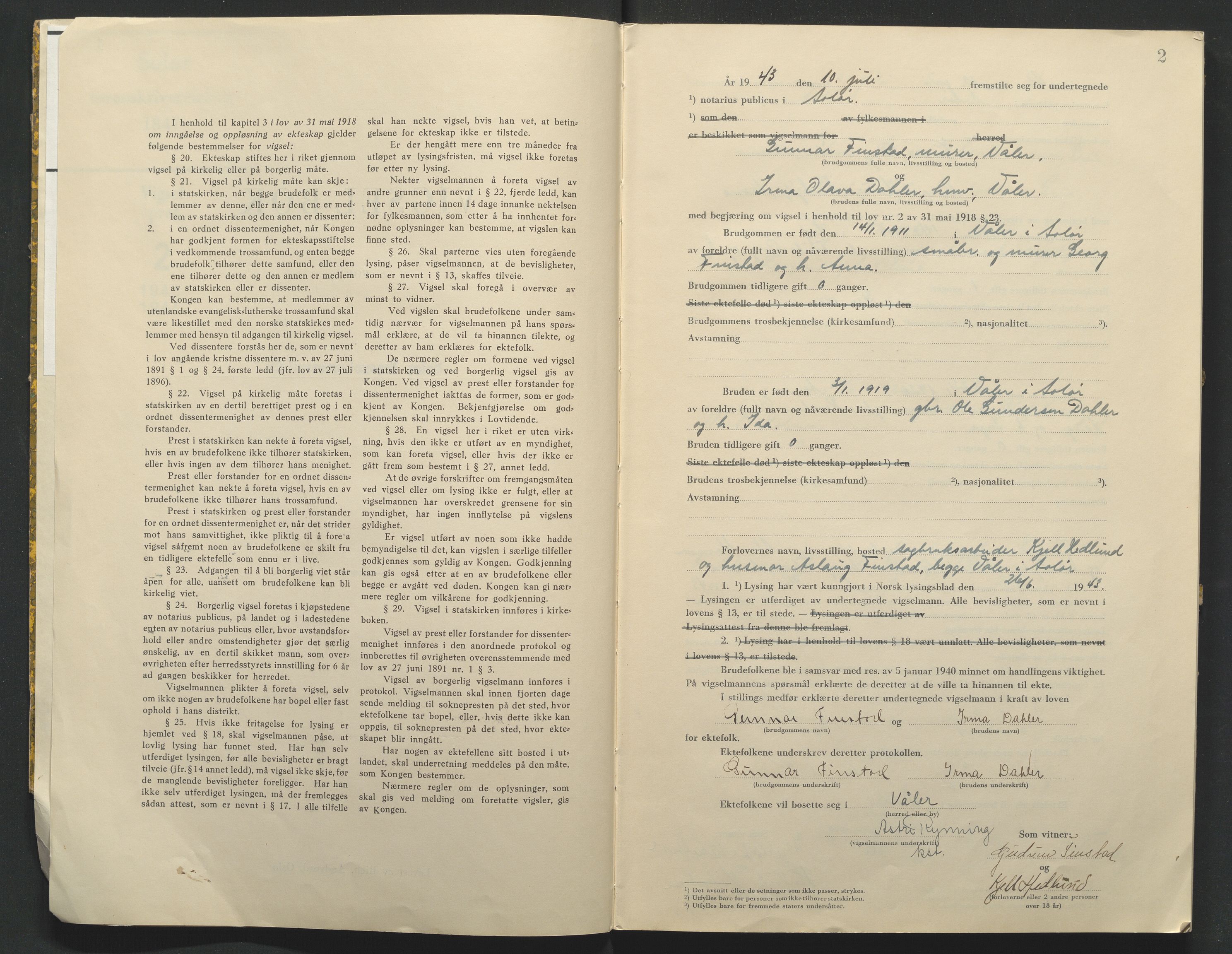 Solør tingrett, AV/SAH-TING-008/L/Lb/L0002: Vigselprotokoll, 1943-1944, s. 2