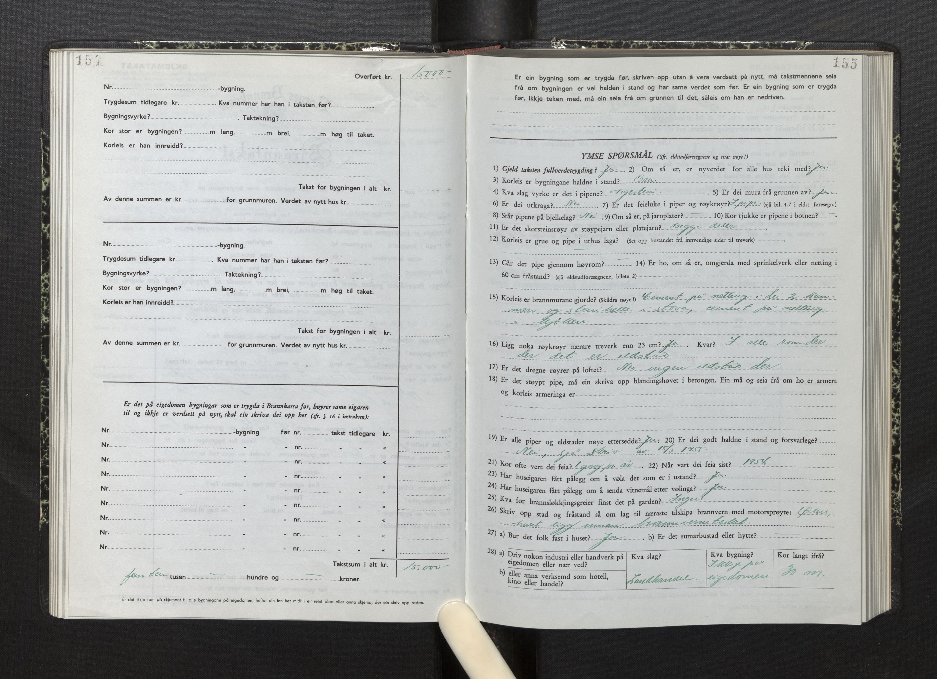 Lensmannen i Fjelberg, SAB/A-32101/0012/L0008: Branntakstprotokoll, skjematakst, 1949-1955, s. 154-155
