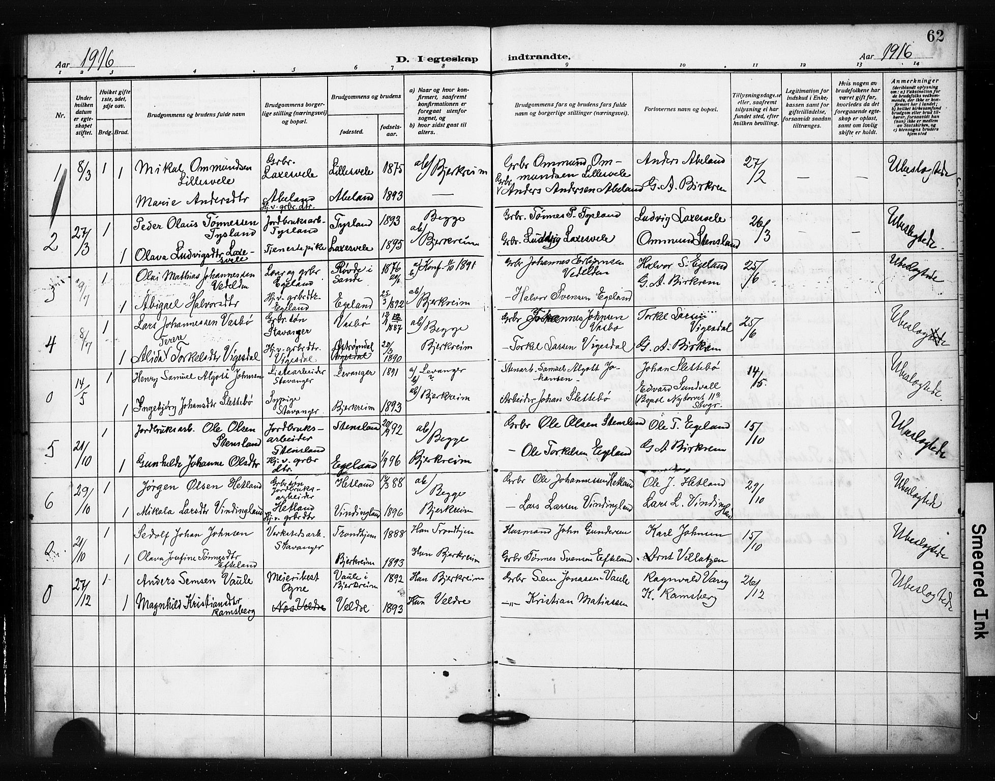Helleland sokneprestkontor, AV/SAST-A-101810: Klokkerbok nr. B 6, 1909-1923, s. 62
