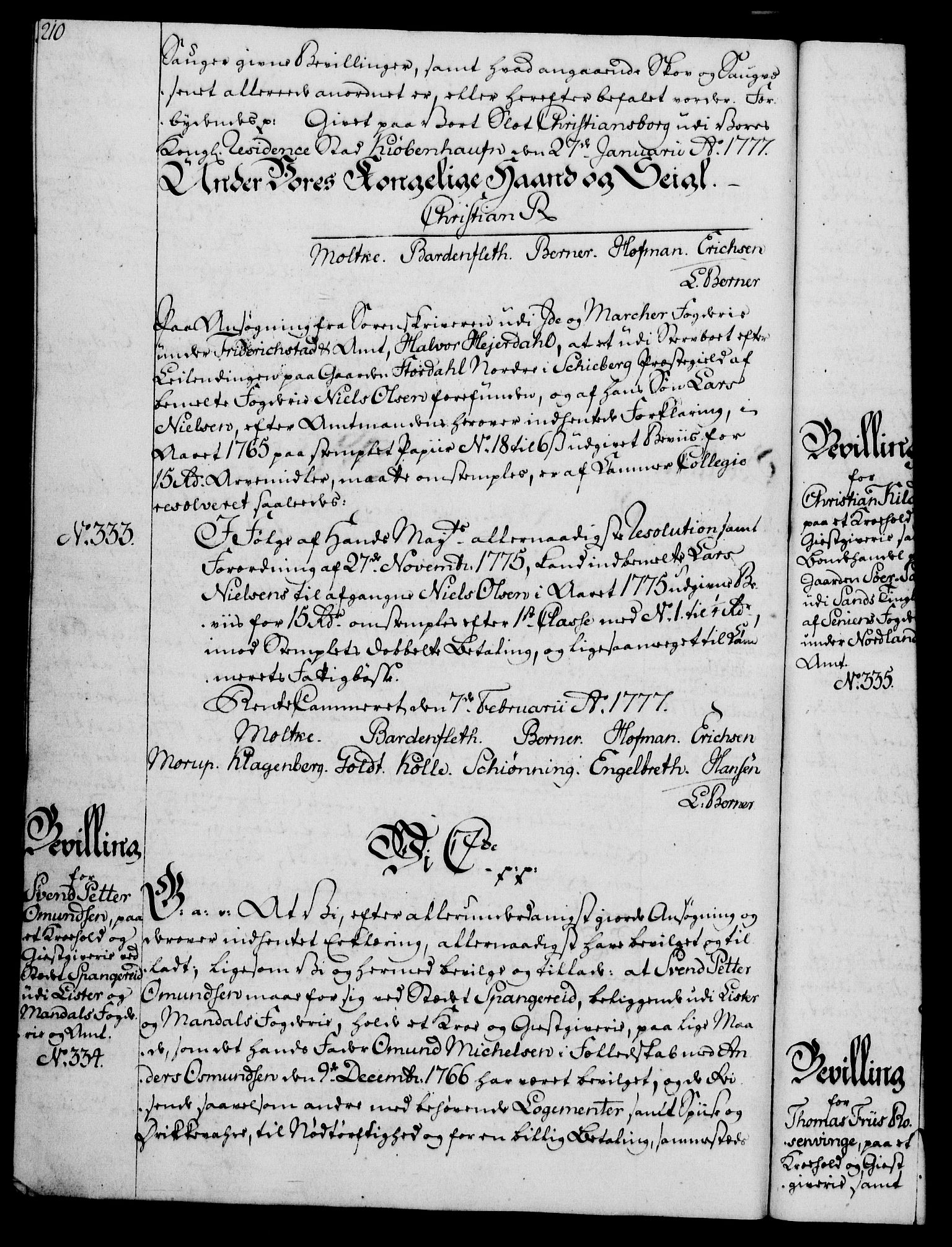 Rentekammeret, Kammerkanselliet, AV/RA-EA-3111/G/Gg/Gga/L0010: Norsk ekspedisjonsprotokoll med register (merket RK 53.10), 1773-1778, s. 210