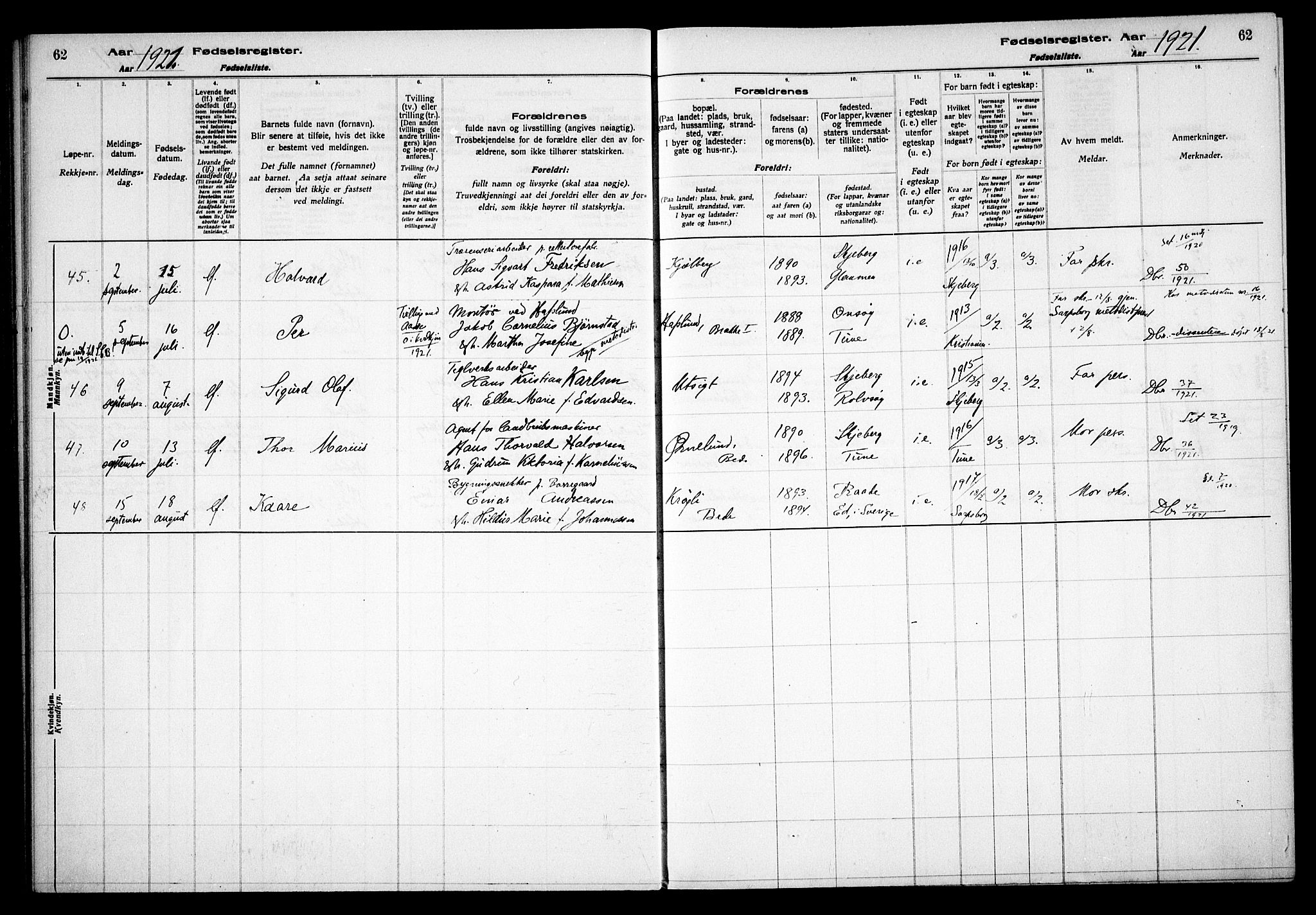 Skjeberg prestekontor Kirkebøker, AV/SAO-A-10923/J/Jd/L0001: Fødselsregister nr. IV 1, 1916-1935, s. 62