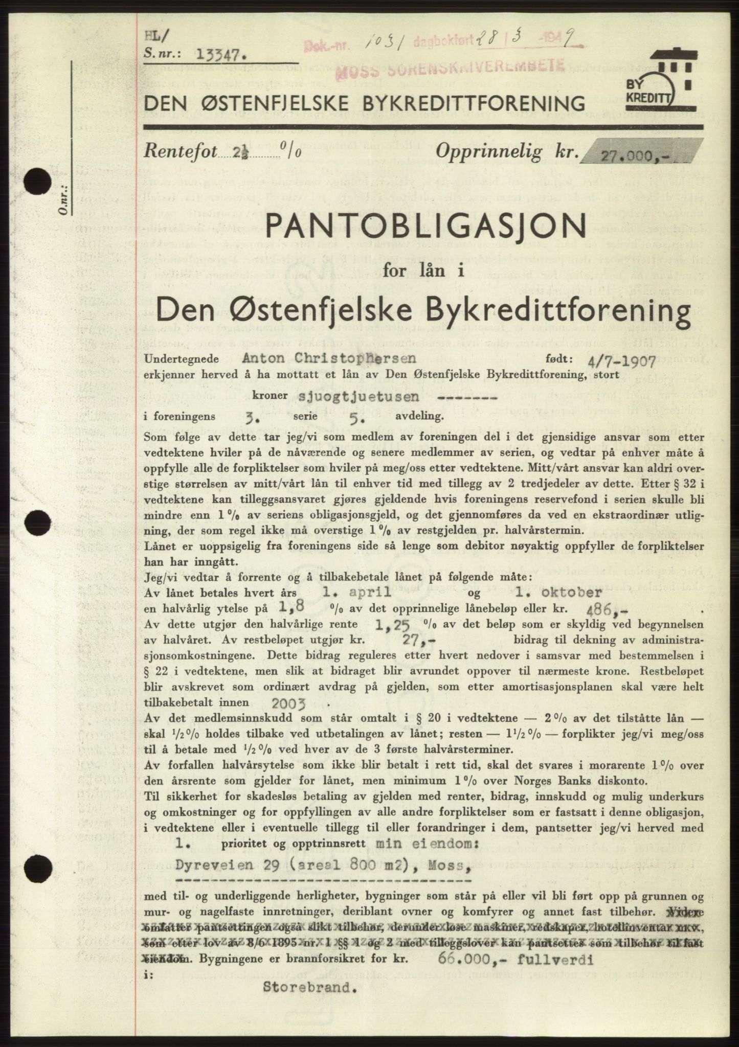 Moss sorenskriveri, SAO/A-10168: Pantebok nr. B21, 1949-1949, Dagboknr: 1031/1949