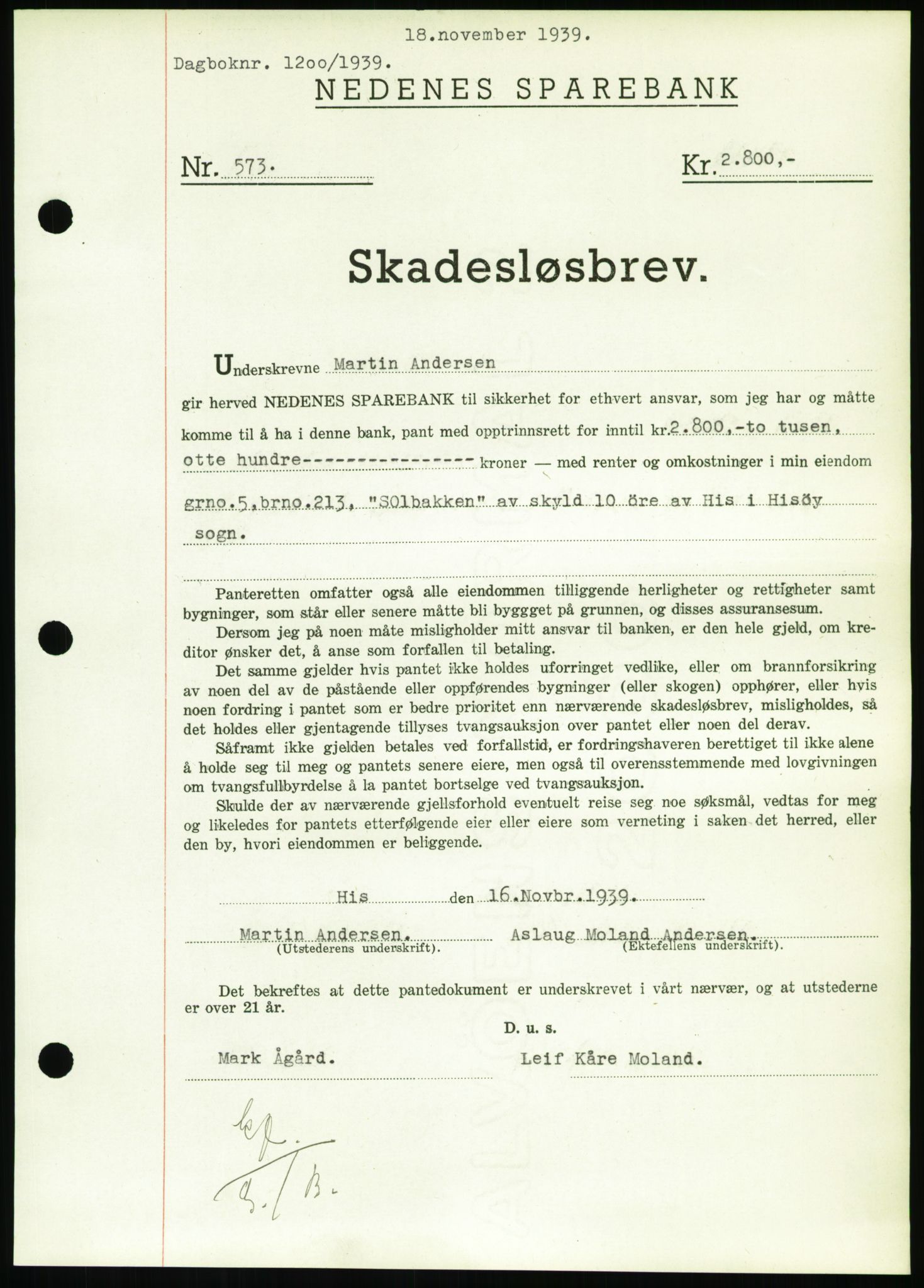 Nedenes sorenskriveri, SAK/1221-0006/G/Gb/Gbb/L0001: Pantebok nr. I, 1939-1942, Dagboknr: 1200/1939
