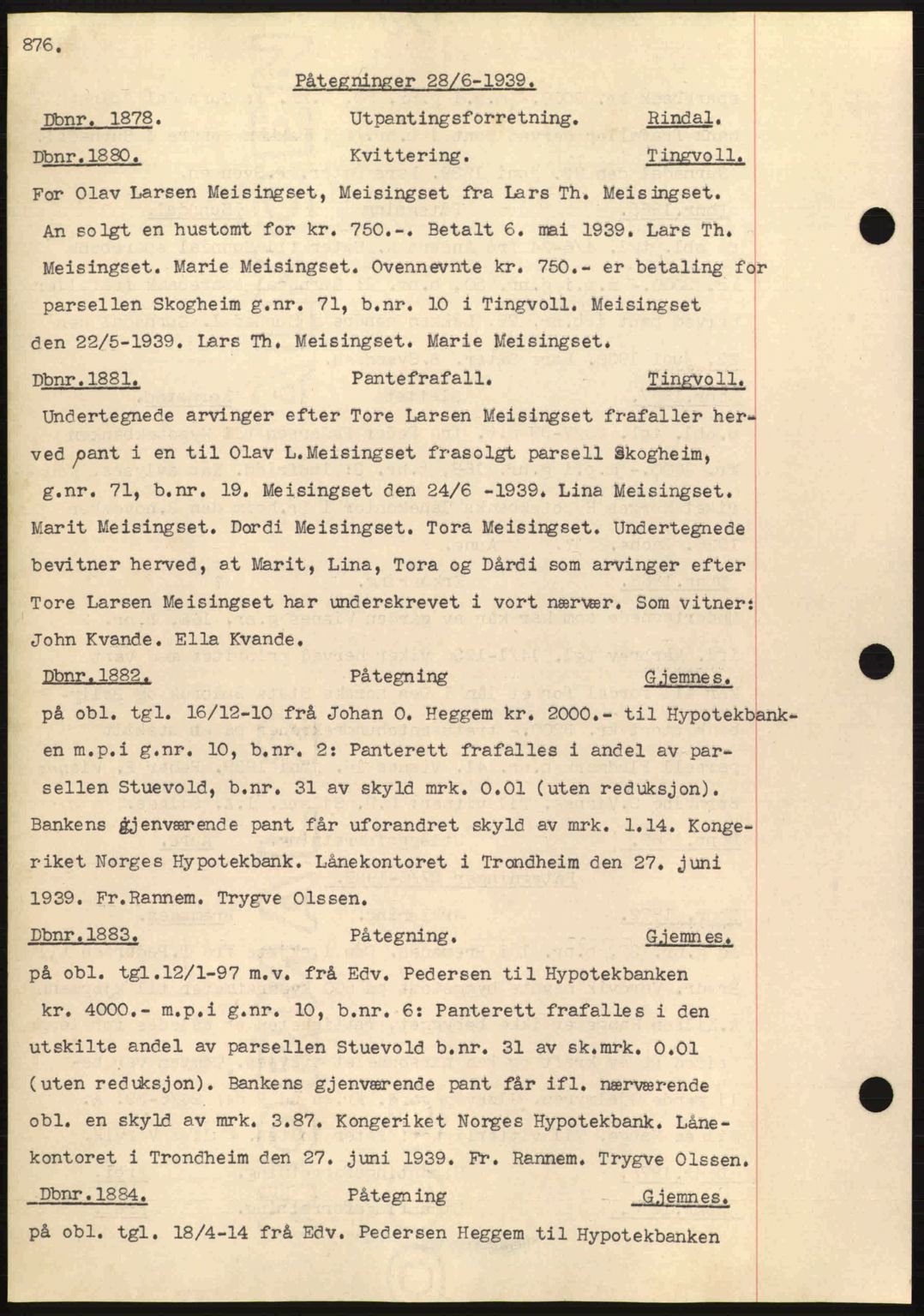 Nordmøre sorenskriveri, SAT/A-4132/1/2/2Ca: Pantebok nr. C80, 1936-1939, Dagboknr: 1878/1939