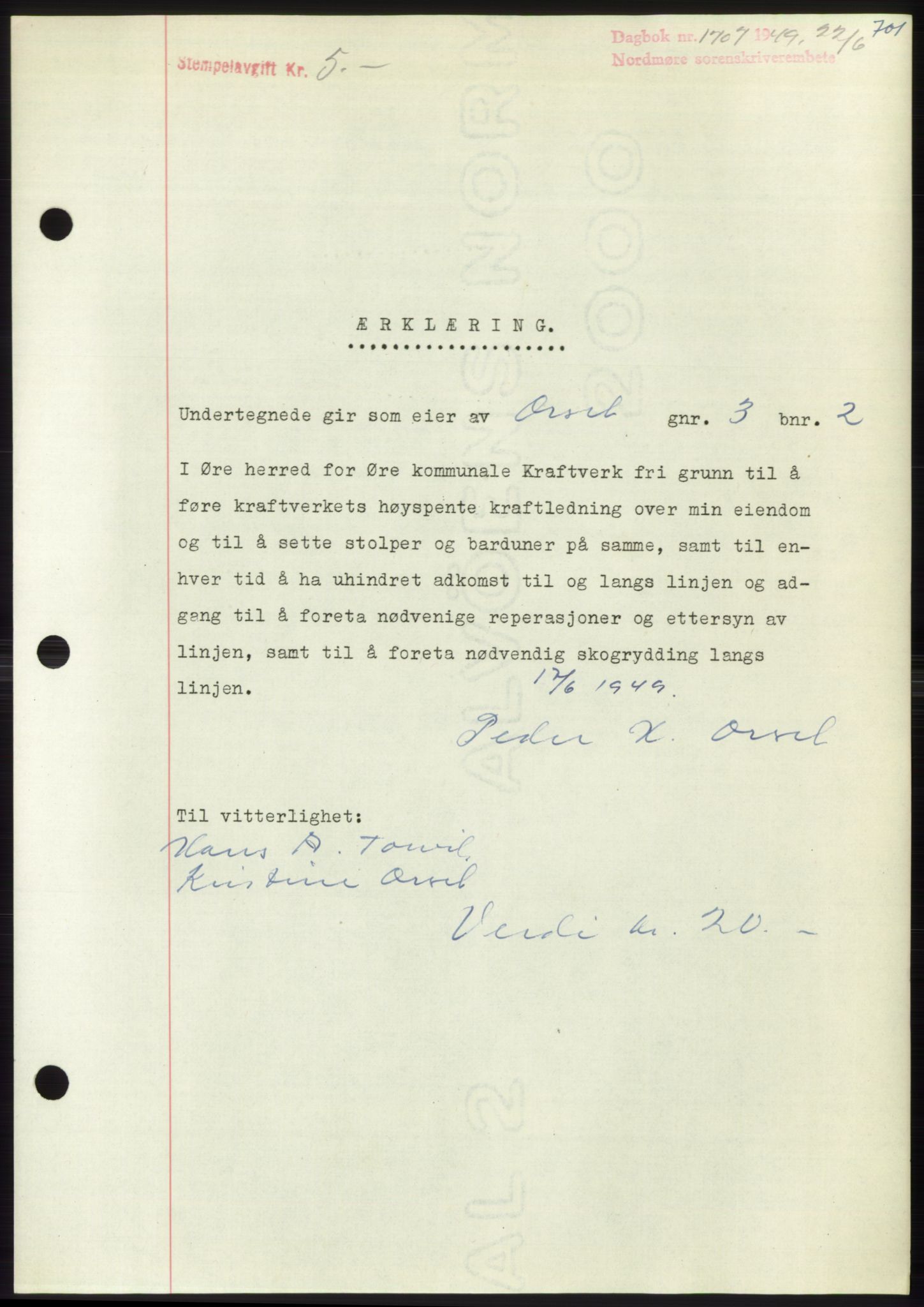 Nordmøre sorenskriveri, SAT/A-4132/1/2/2Ca: Pantebok nr. B101, 1949-1949, Dagboknr: 1707/1949