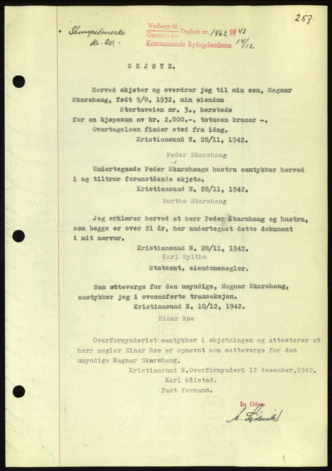 Kristiansund byfogd, AV/SAT-A-4587/A/27: Pantebok nr. 34, 1941-1945, Dagboknr: 1462/1942