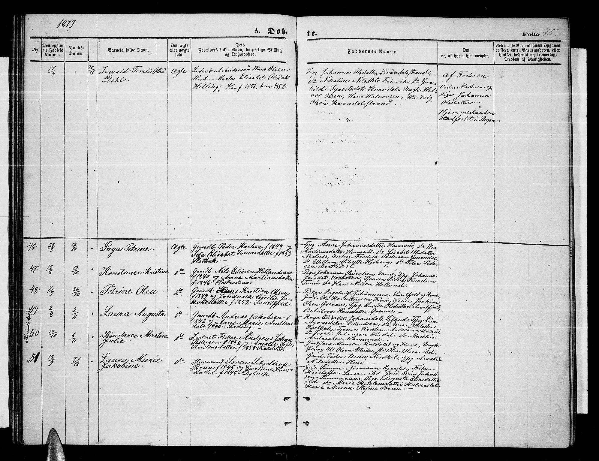 Ministerialprotokoller, klokkerbøker og fødselsregistre - Nordland, AV/SAT-A-1459/859/L0858: Klokkerbok nr. 859C04, 1873-1886, s. 45