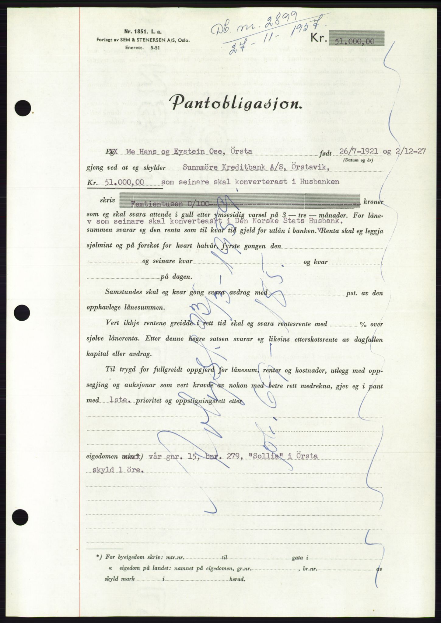 Søre Sunnmøre sorenskriveri, AV/SAT-A-4122/1/2/2C/L0130: Pantebok nr. 18B, 1957-1958, Dagboknr: 2899/1957