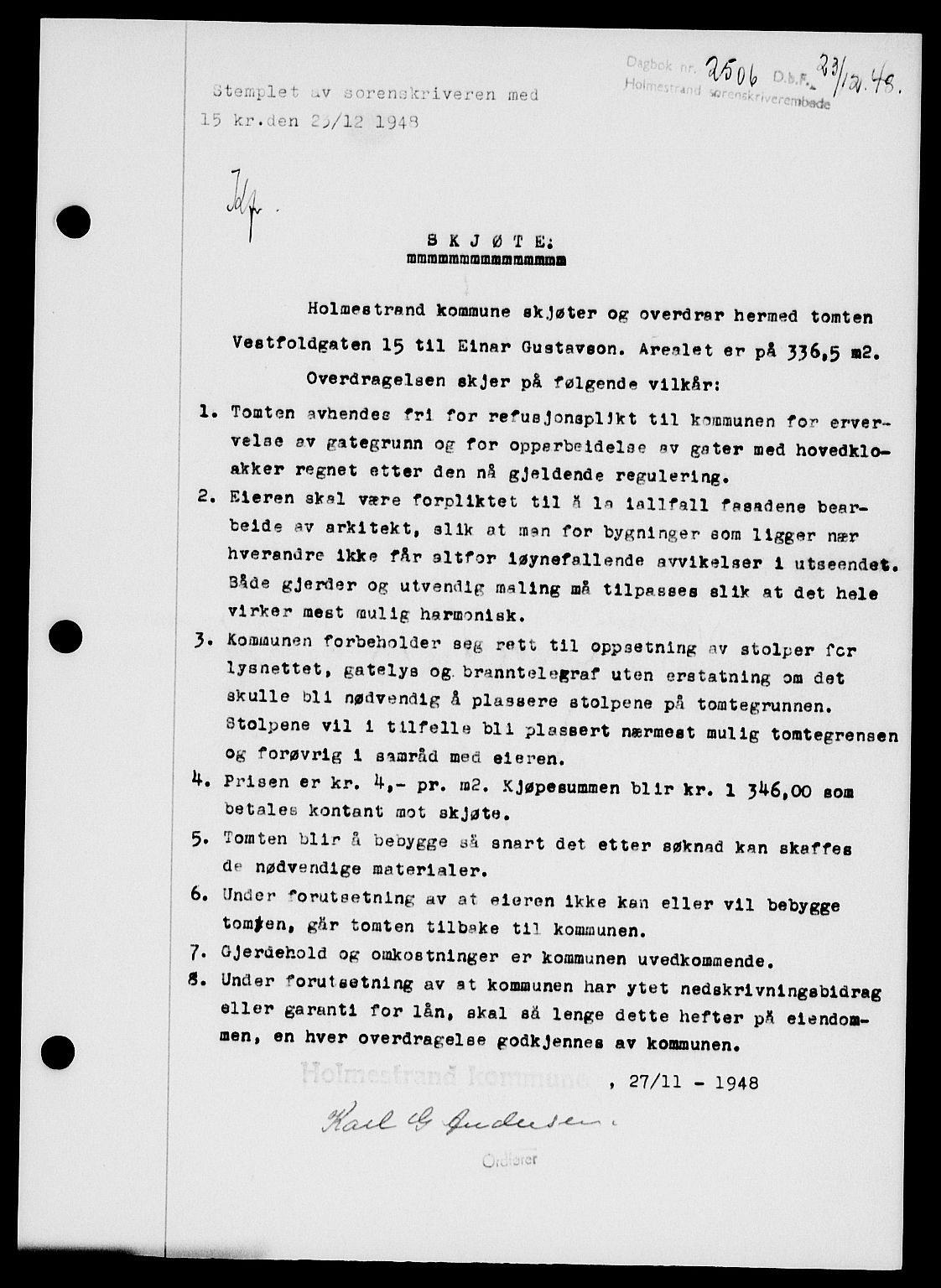 Holmestrand sorenskriveri, SAKO/A-67/G/Ga/Gaa/L0065: Pantebok nr. A-65, 1948-1949, Dagboknr: 2506/1948