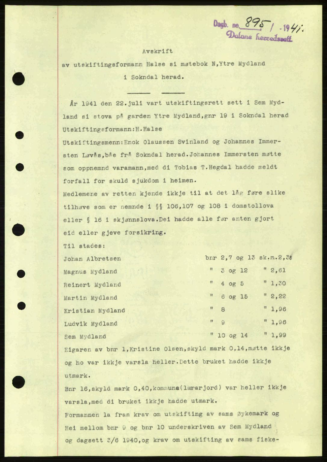 Dalane sorenskriveri, SAST/A-100309/02/G/Gb/L0045: Pantebok nr. A6, 1941-1942, Dagboknr: 895/1941