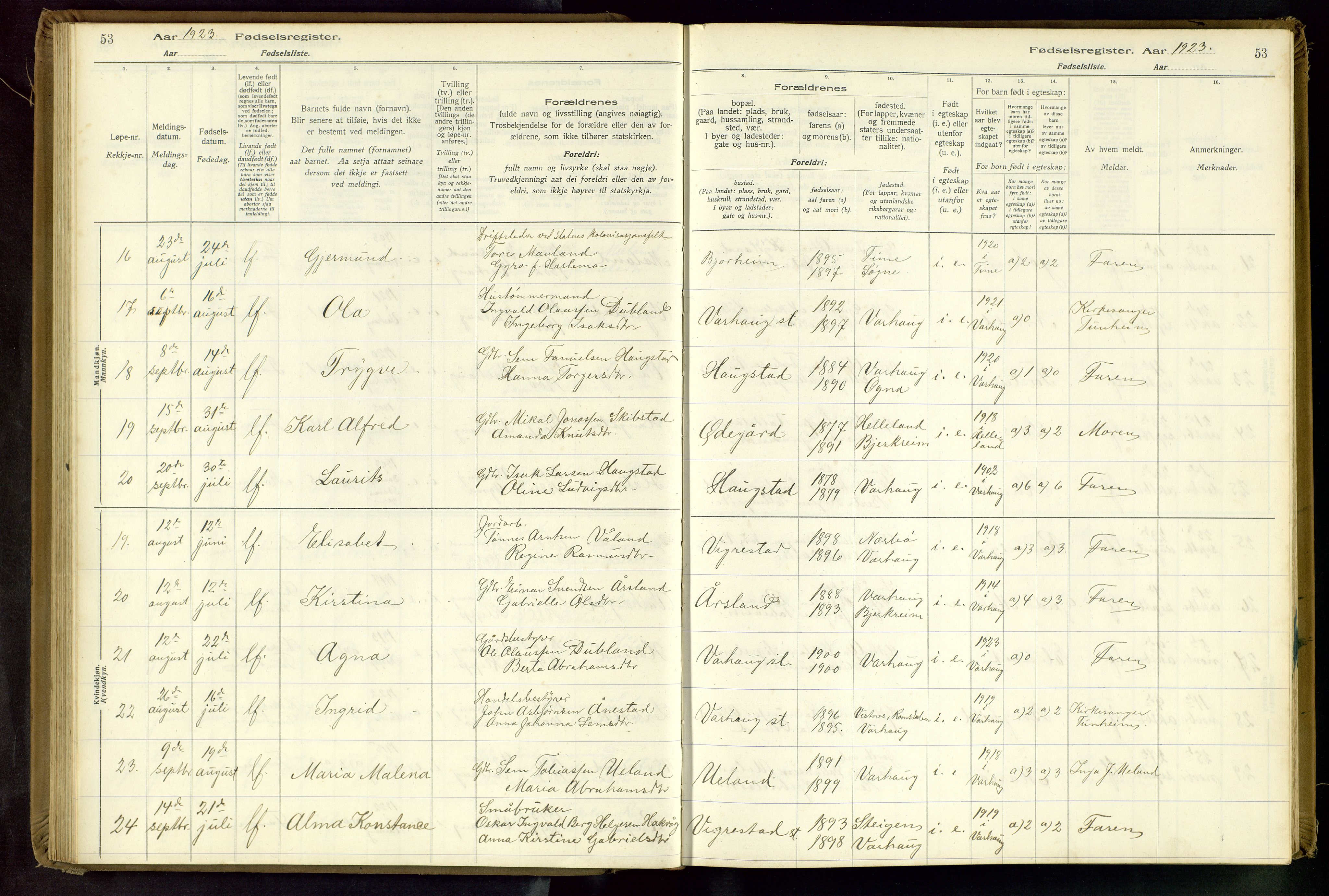 Hå sokneprestkontor, SAST/A-101801/001/704BA/L0001: Fødselsregister nr. 1, 1916-1944, s. 53