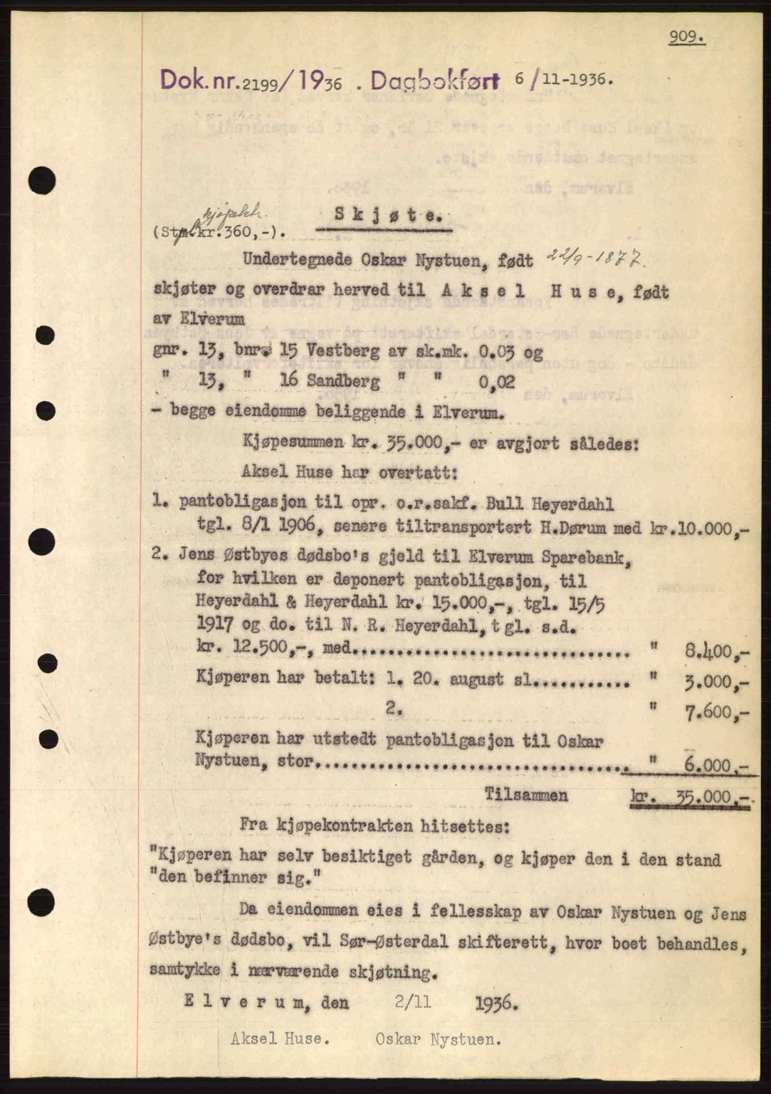 Sør-Østerdal sorenskriveri, SAH/TING-018/H/Hb/Hbb/L0054: Pantebok nr. A54, 1936-1936, Dagboknr: 2199/1936