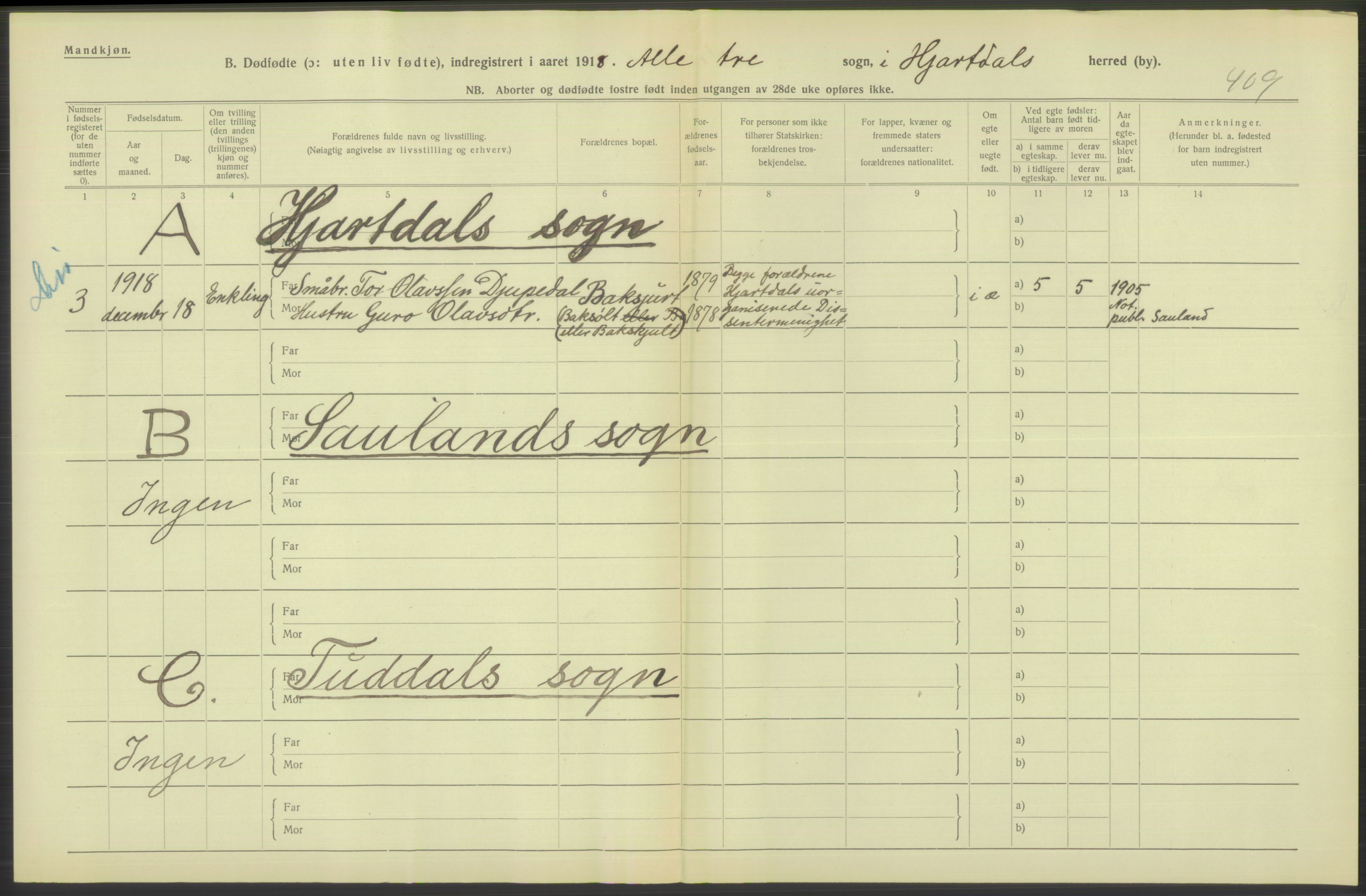 Statistisk sentralbyrå, Sosiodemografiske emner, Befolkning, RA/S-2228/D/Df/Dfb/Dfbh/L0025: Telemark fylke: Gifte, dødfødte. Bygder og byer., 1918, s. 330