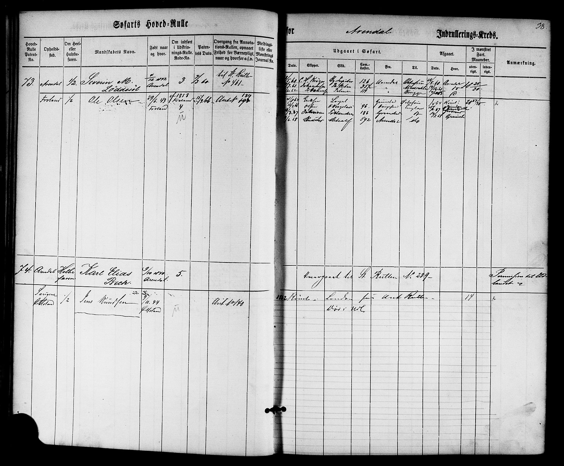 Arendal mønstringskrets, SAK/2031-0012/F/Fb/L0001: Hovedrulle nr 1-766 uten register, E-2, 1860-1868, s. 39