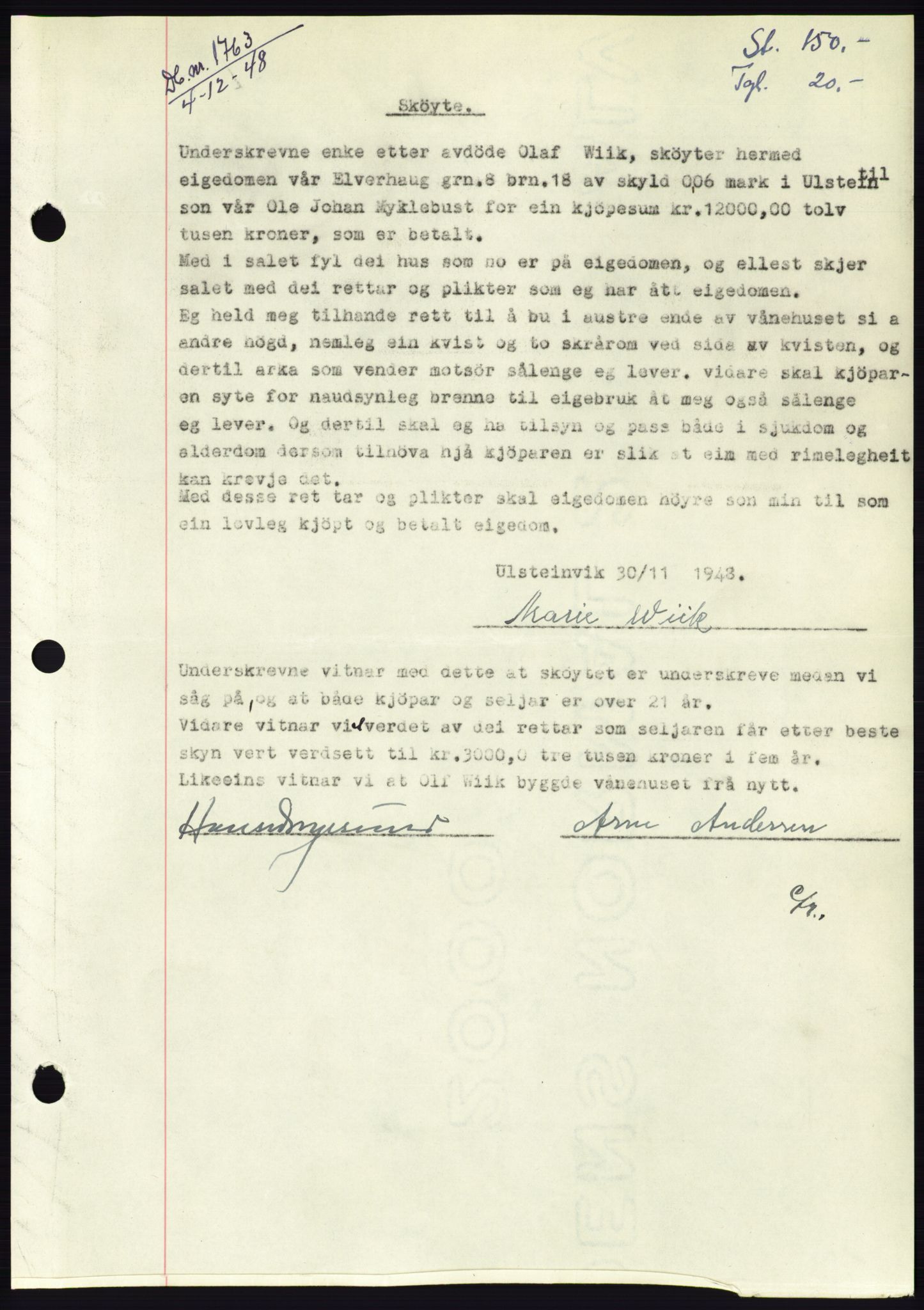 Søre Sunnmøre sorenskriveri, AV/SAT-A-4122/1/2/2C/L0083: Pantebok nr. 9A, 1948-1949, Dagboknr: 1763/1948