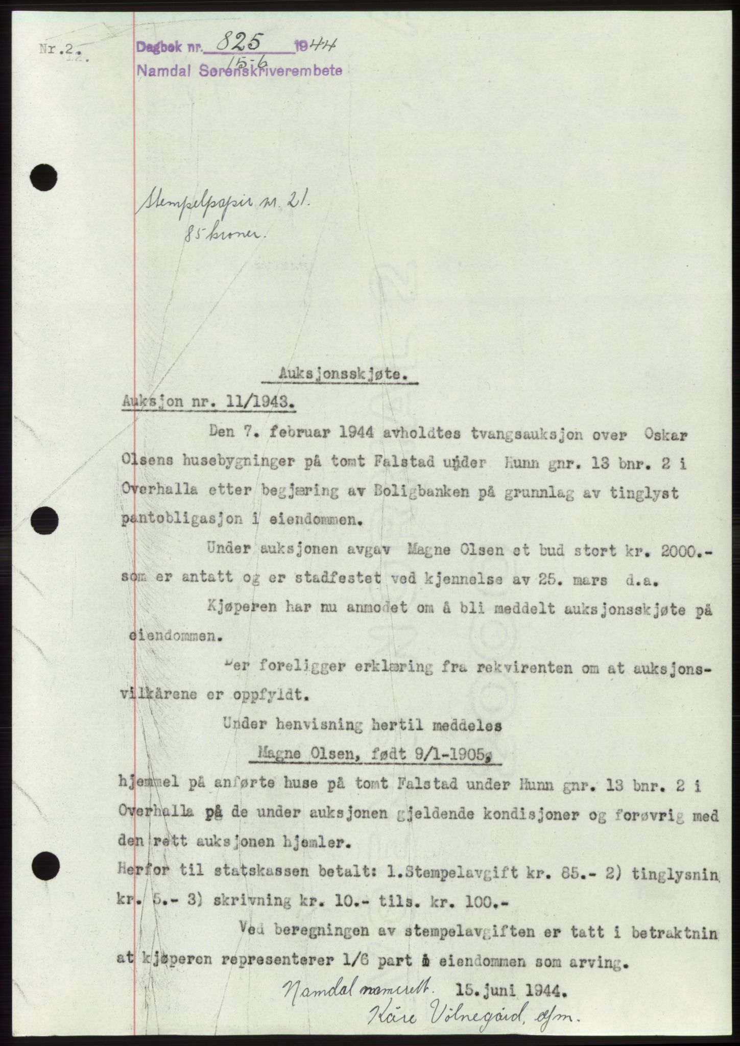 Namdal sorenskriveri, SAT/A-4133/1/2/2C: Pantebok nr. -, 1944-1945, Dagboknr: 825/1944