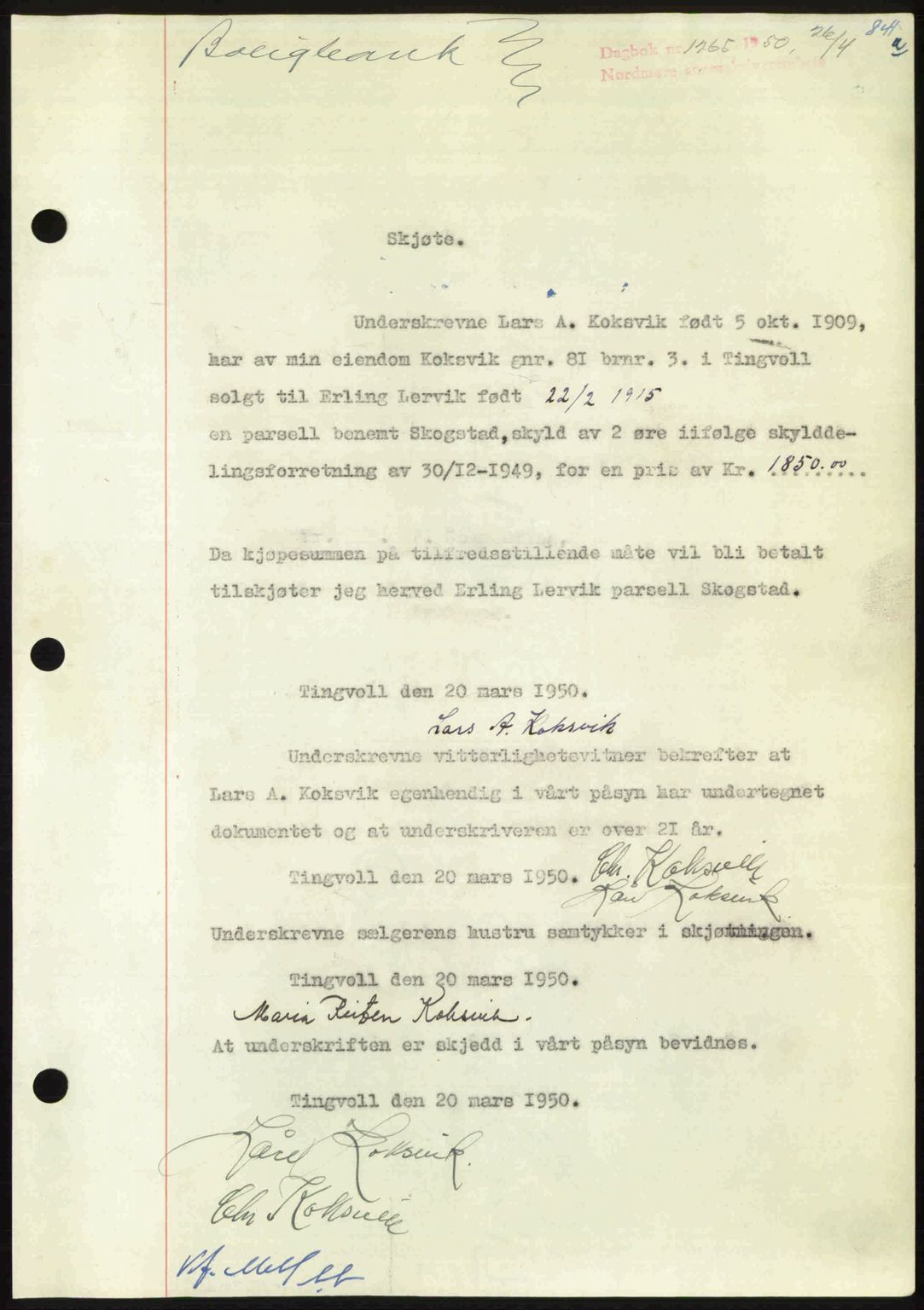 Nordmøre sorenskriveri, SAT/A-4132/1/2/2Ca: Pantebok nr. A114, 1950-1950, Dagboknr: 1265/1950