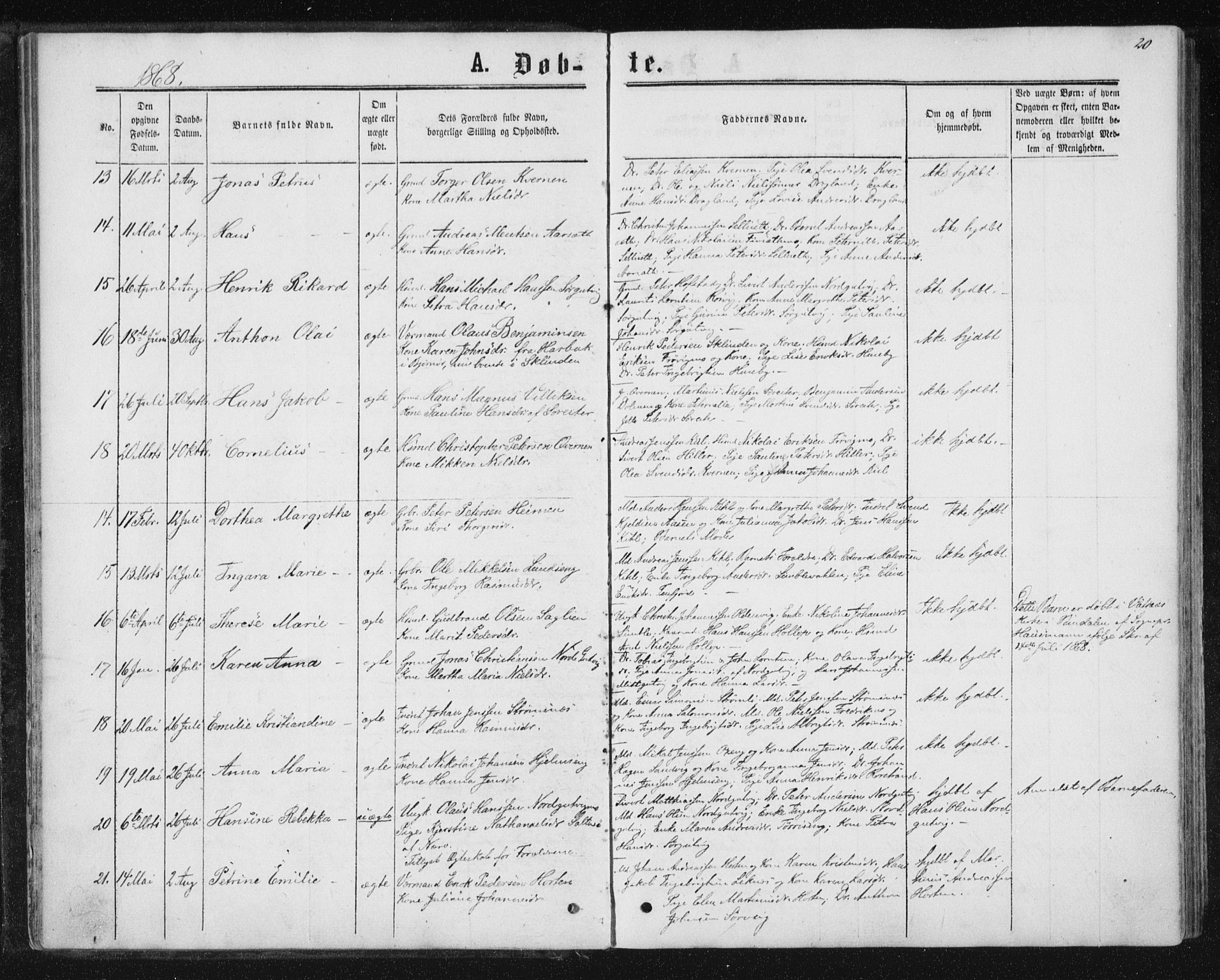 Ministerialprotokoller, klokkerbøker og fødselsregistre - Nord-Trøndelag, AV/SAT-A-1458/788/L0696: Ministerialbok nr. 788A03, 1863-1877, s. 20