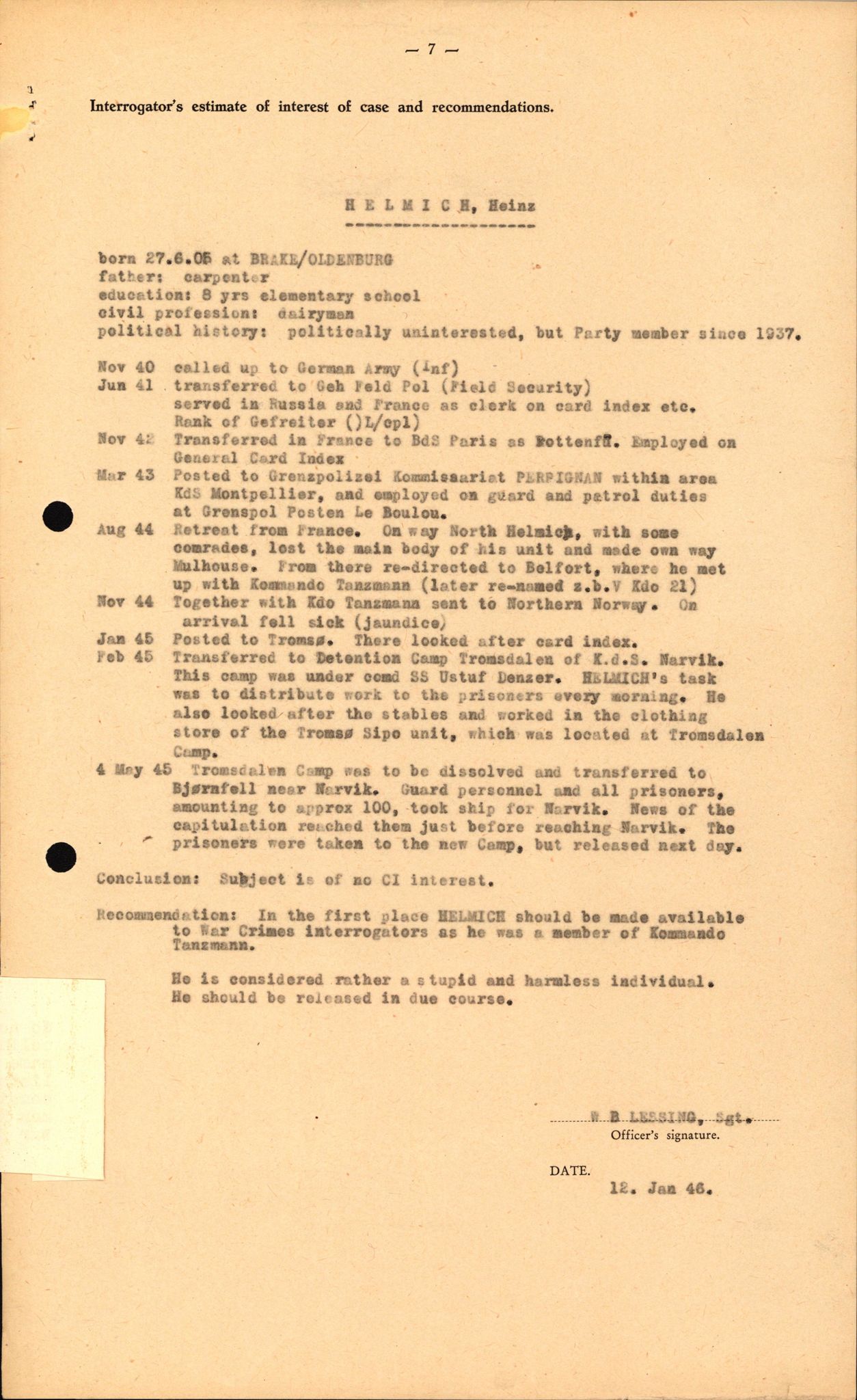 Forsvaret, Forsvarets overkommando II, AV/RA-RAFA-3915/D/Db/L0012: CI Questionaires. Tyske okkupasjonsstyrker i Norge. Tyskere., 1945-1946, s. 394