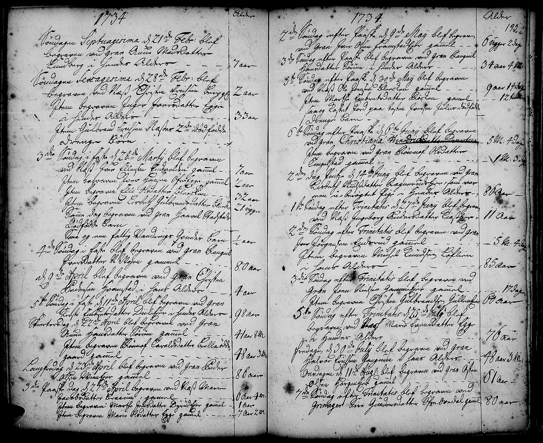 Gran prestekontor, AV/SAH-PREST-112/H/Ha/Haa/L0002: Ministerialbok nr. 2, 1732-1744, s. 192