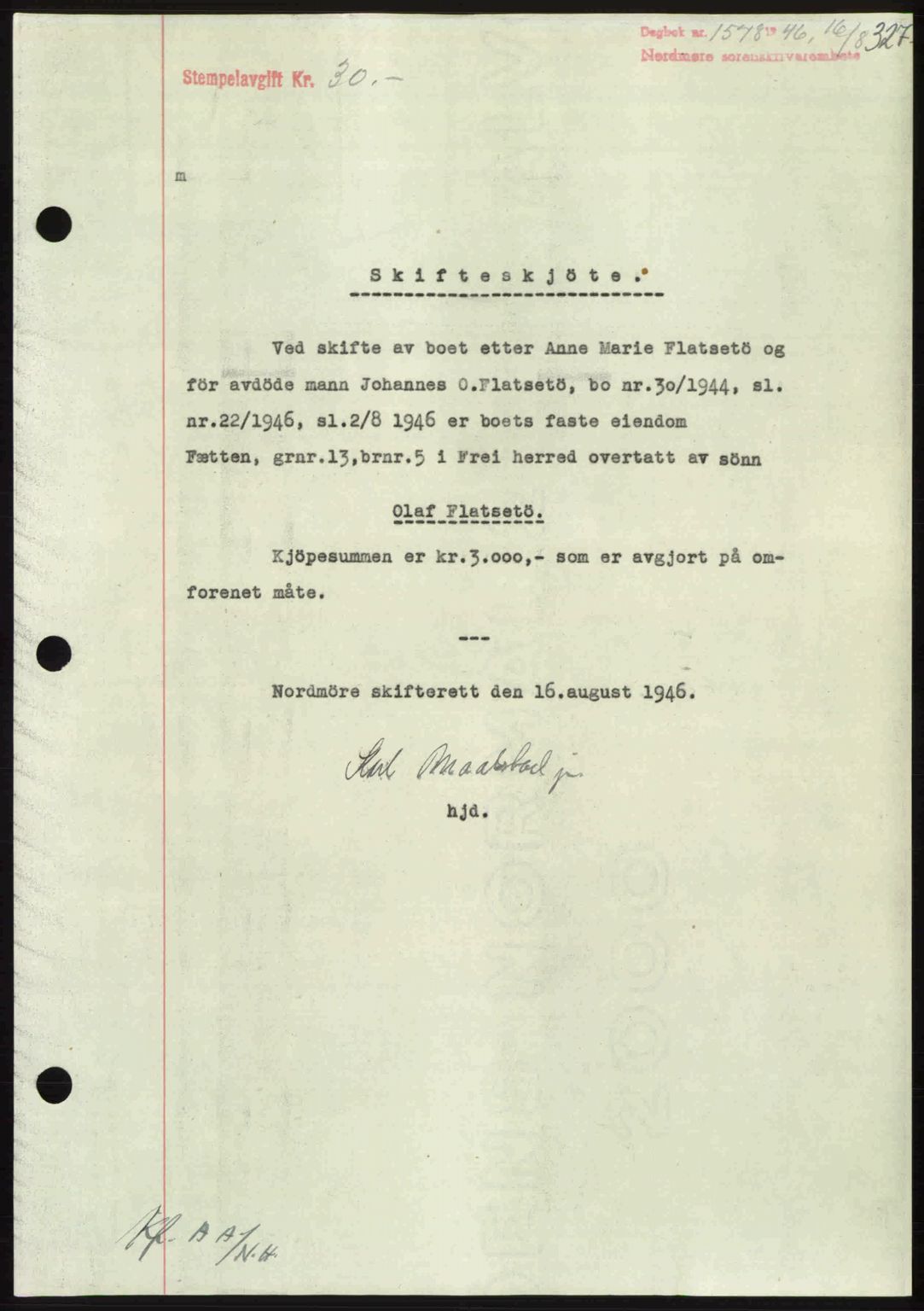 Nordmøre sorenskriveri, SAT/A-4132/1/2/2Ca: Pantebok nr. A102, 1946-1946, Dagboknr: 1578/1946