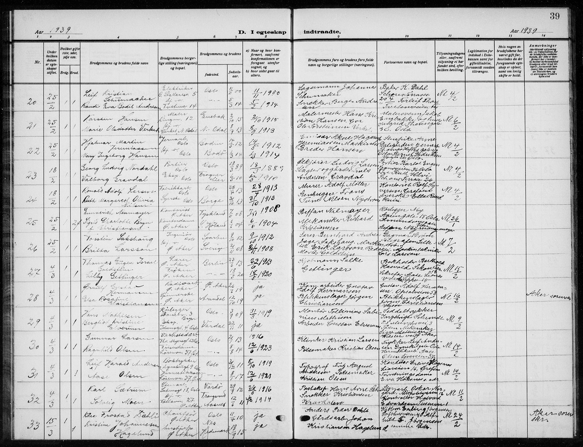 Østre Aker prestekontor Kirkebøker, AV/SAO-A-10840/G/Ga/L0007: Klokkerbok nr. I 7, 1937-1941, s. 39