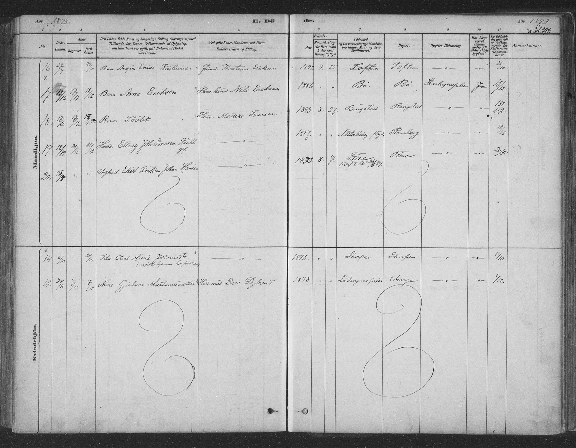 Ministerialprotokoller, klokkerbøker og fødselsregistre - Nordland, AV/SAT-A-1459/891/L1302: Ministerialbok nr. 891A07, 1878-1895, s. 394