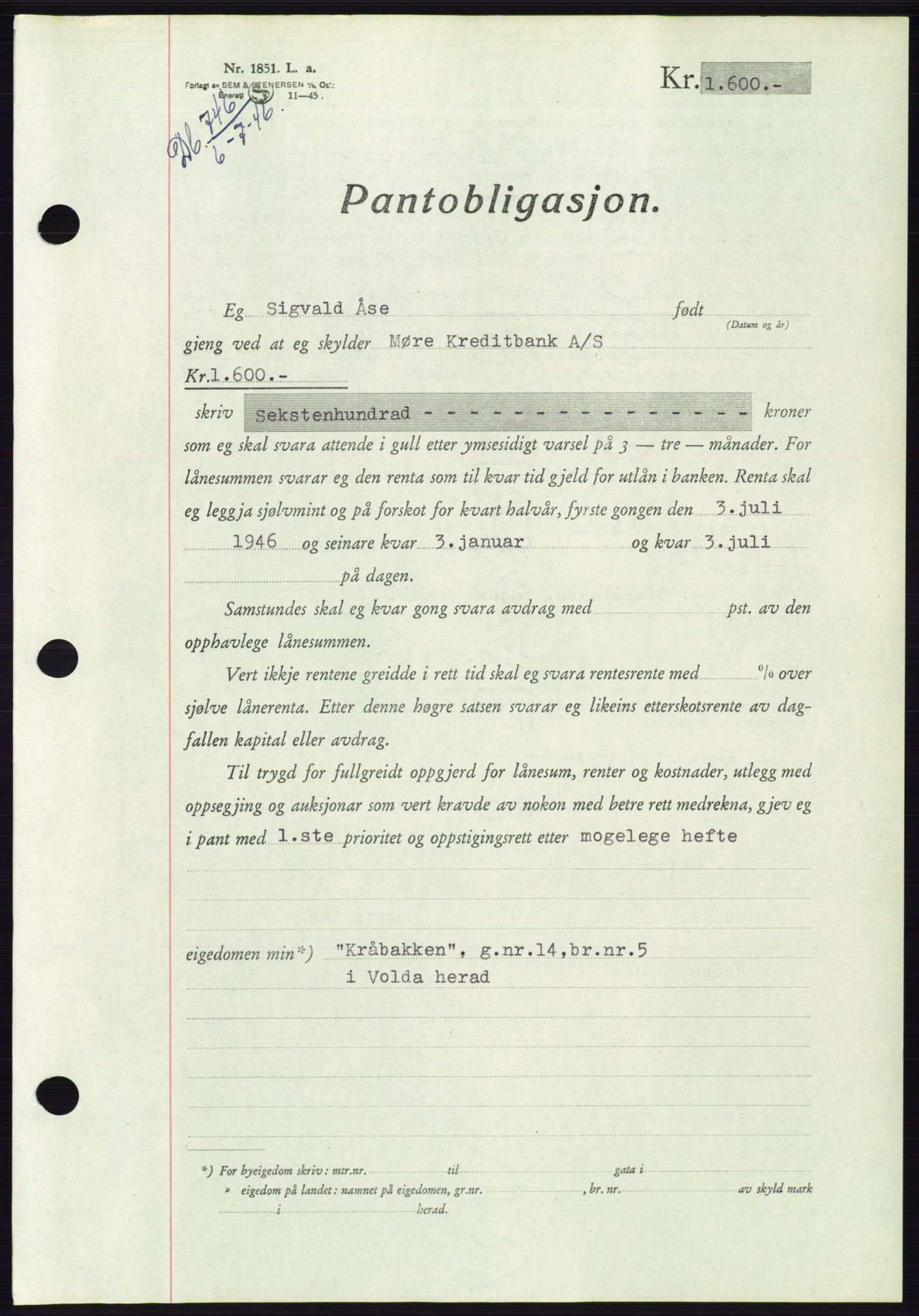 Søre Sunnmøre sorenskriveri, AV/SAT-A-4122/1/2/2C/L0114: Pantebok nr. 1-2B, 1943-1947, Dagboknr: 746/1946