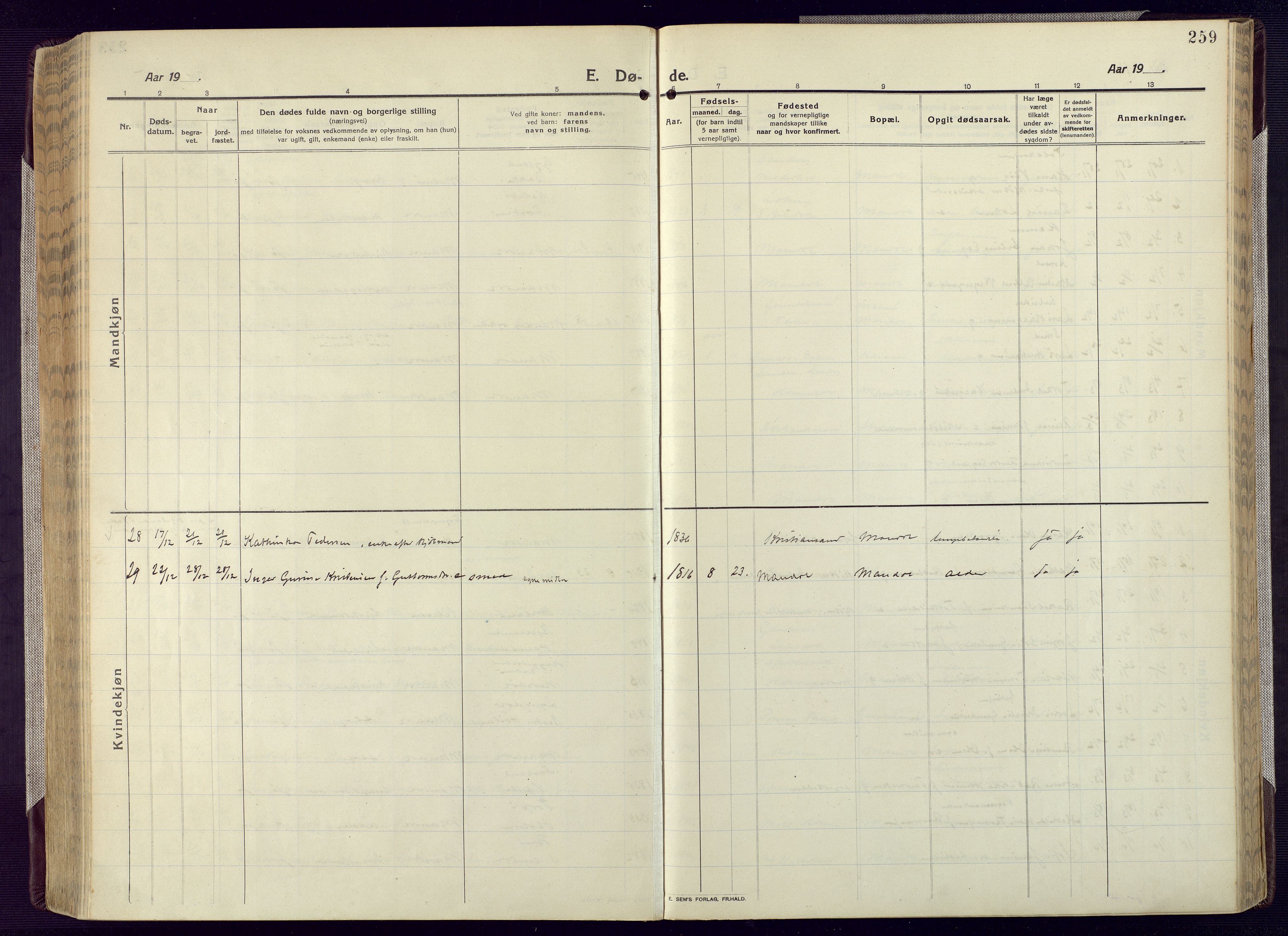Mandal sokneprestkontor, SAK/1111-0030/F/Fa/Fac/L0001: Ministerialbok nr. A 1, 1913-1925, s. 259