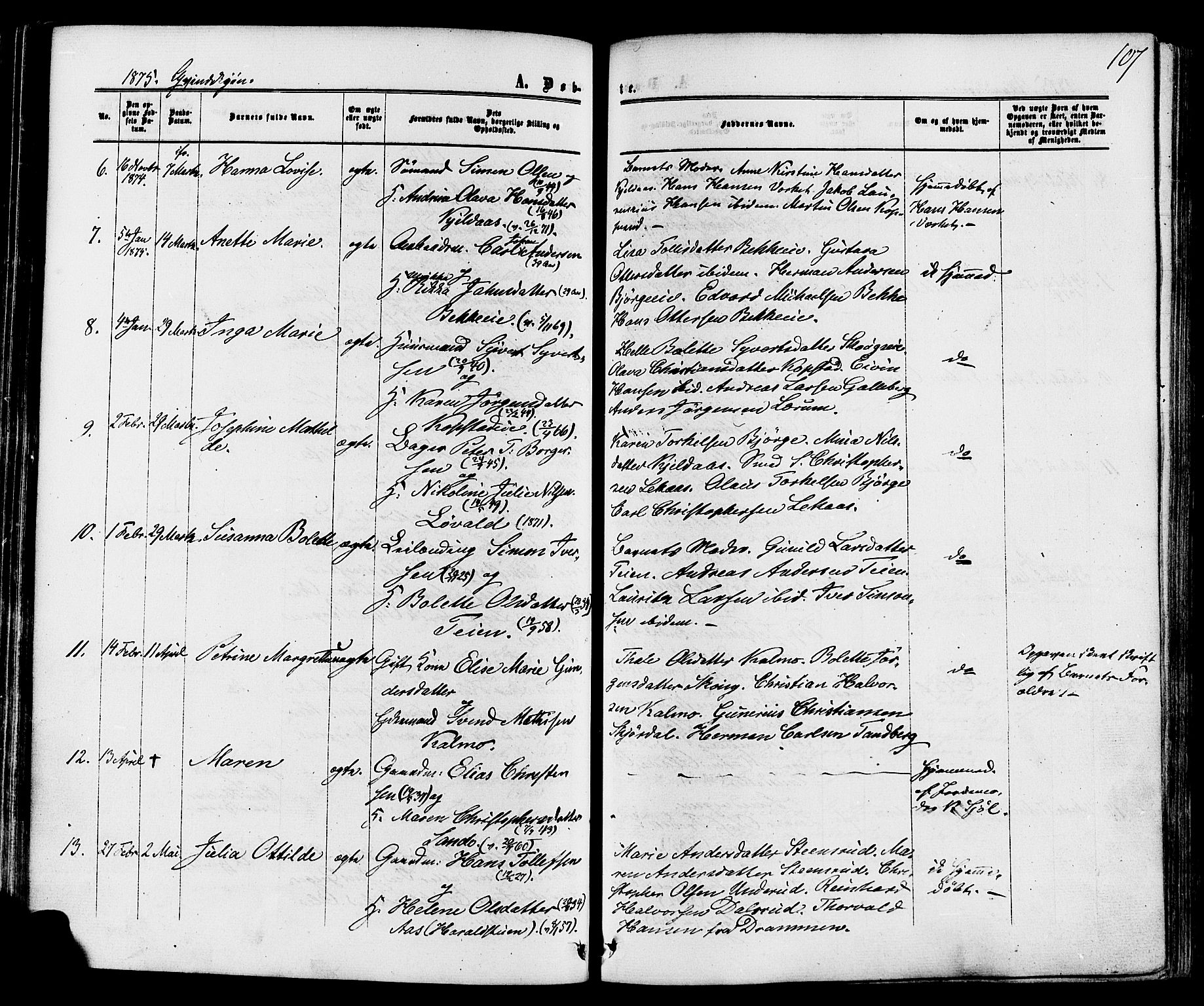 Sande Kirkebøker, AV/SAKO-A-53/F/Fa/L0005: Ministerialbok nr. 5, 1865-1877, s. 107